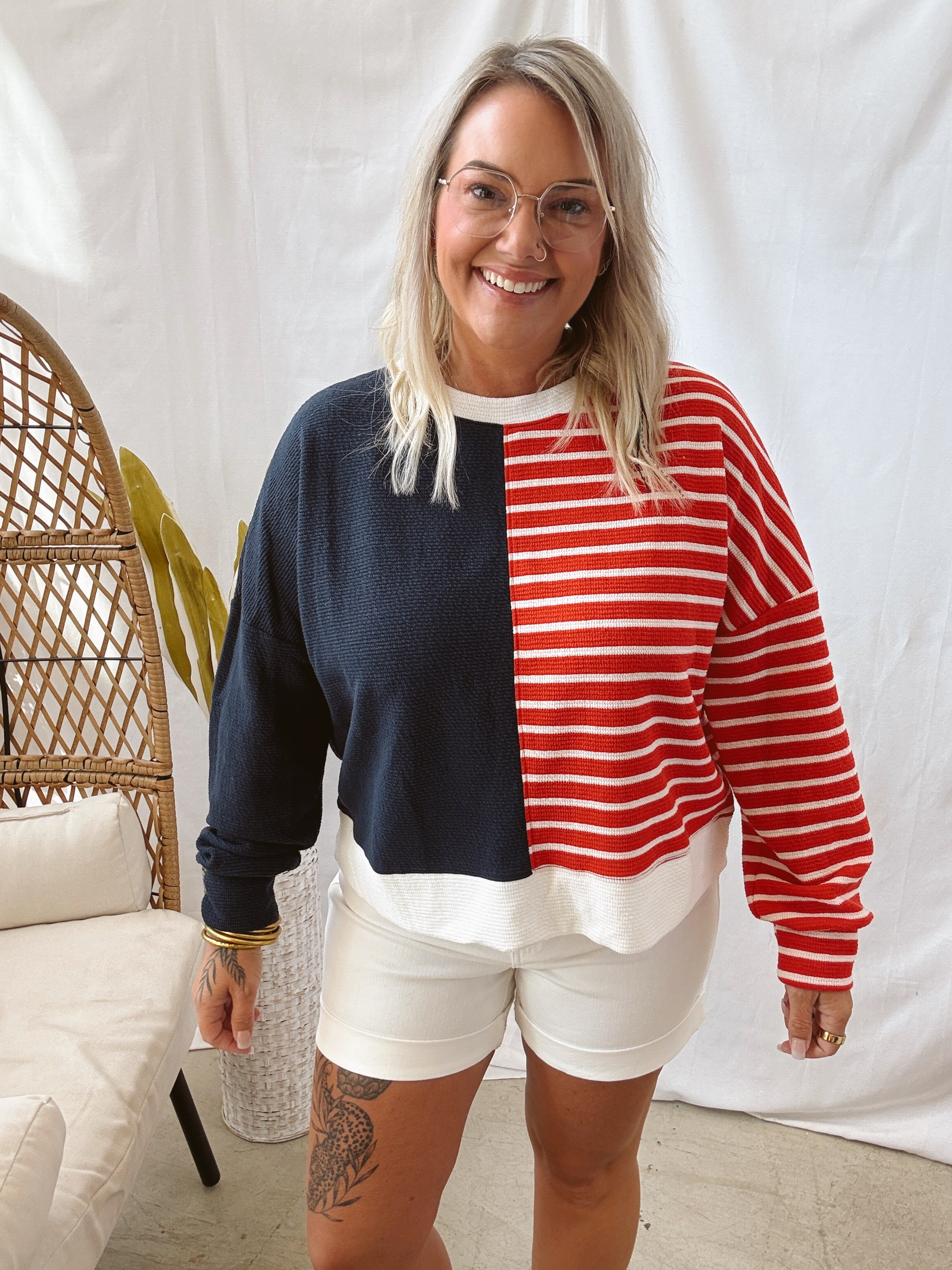 Cloudy Knit America Sweatshirt-FINAL SALE-Sweatshirts-tres bien-The Silo Boutique, Women's Fashion Boutique Located in Warren and Grand Forks North Dakota