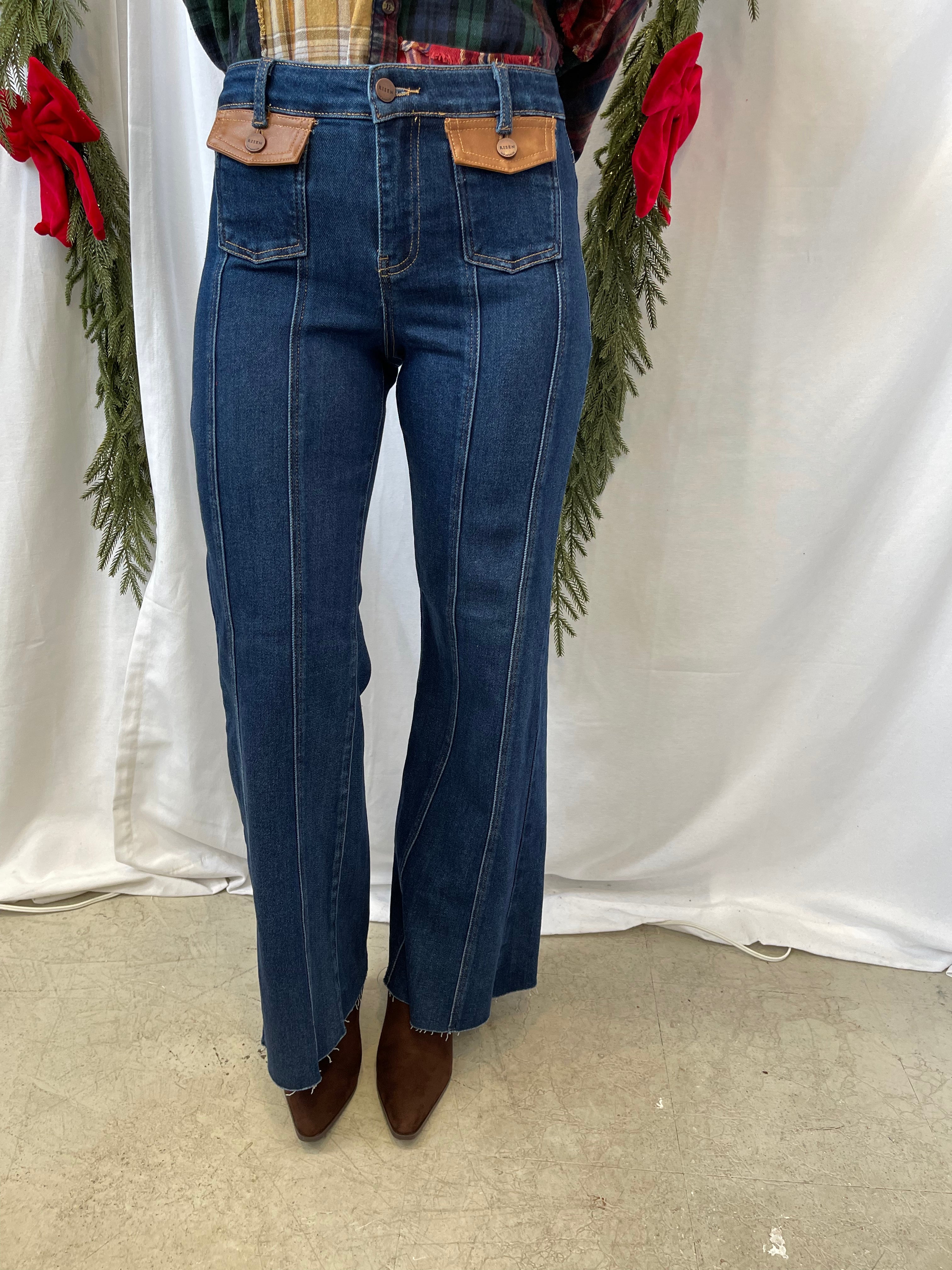 Risen Dark Flare Front Leather Pocket Jeans-Jeans-risen-The Silo Boutique, Women's Fashion Boutique Located in Warren and Grand Forks North Dakota