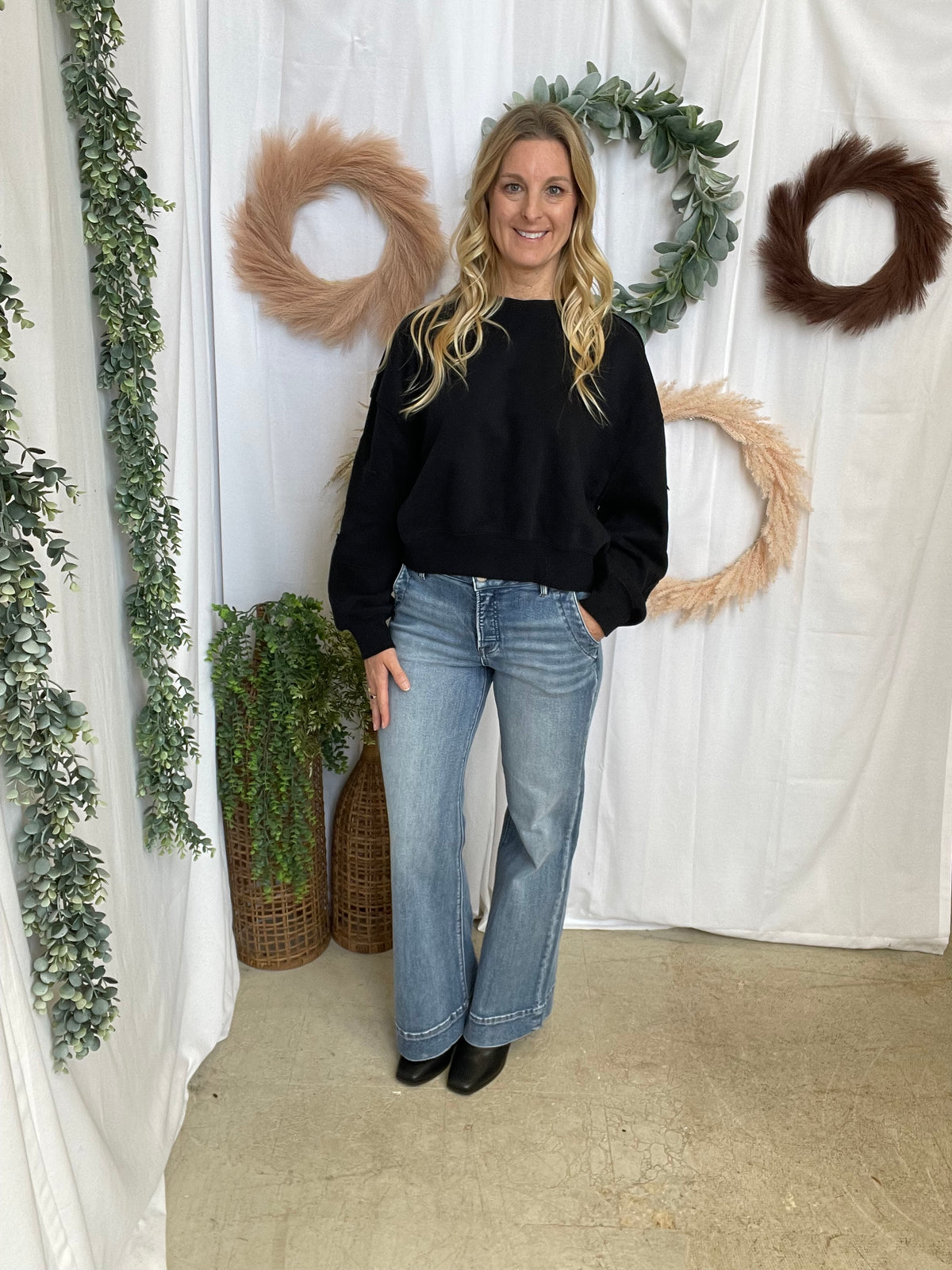 Star Patch Sleeve Sweatshirt-Black-Sweatshirts-hyfve-The Silo Boutique, Women's Fashion Boutique Located in Warren and Grand Forks North Dakota