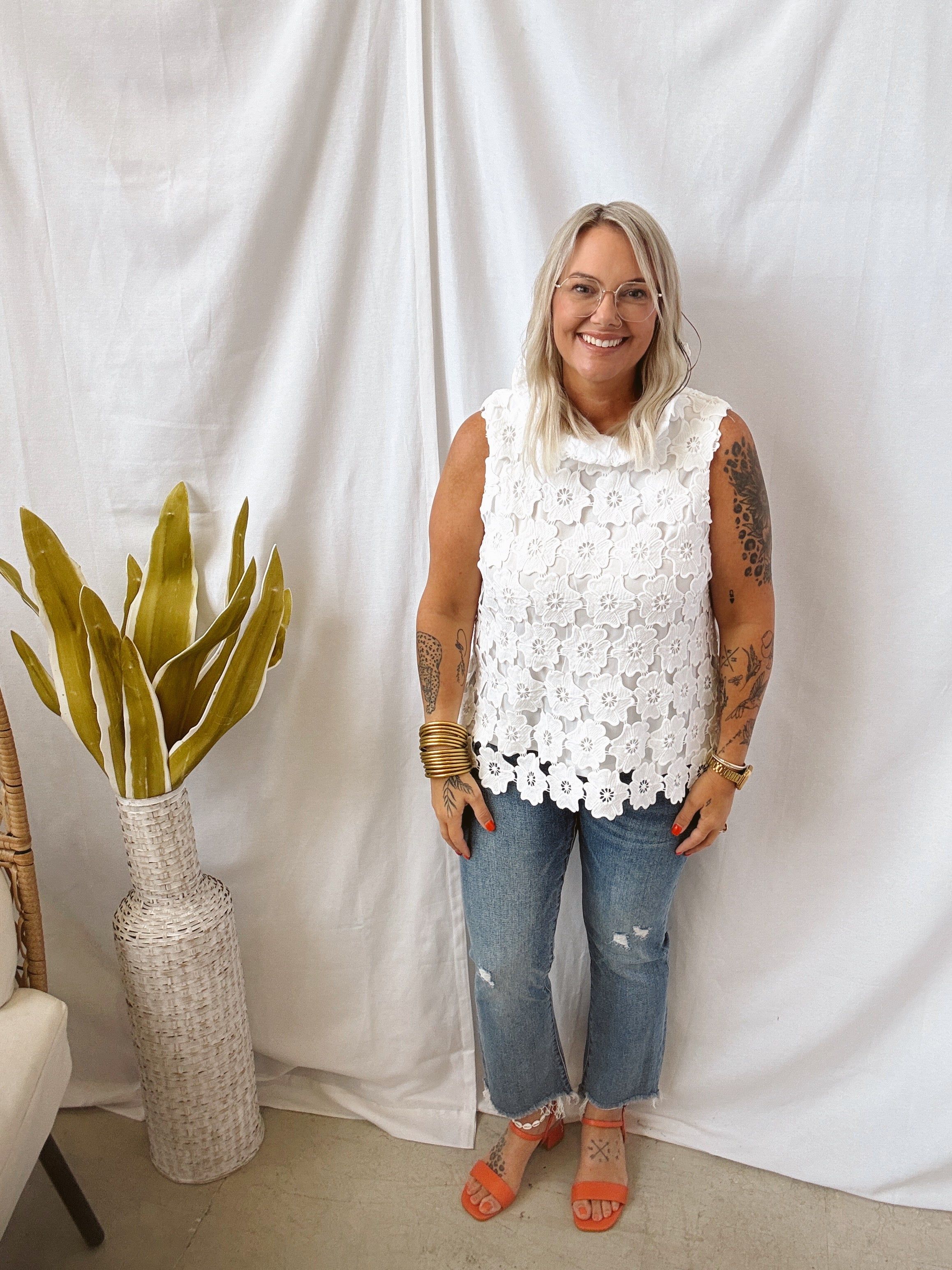 High Neck Lace Sleeveless Tank Top-White-Tank Tops-Umgee-The Silo Boutique, Women's Fashion Boutique Located in Warren and Grand Forks North Dakota
