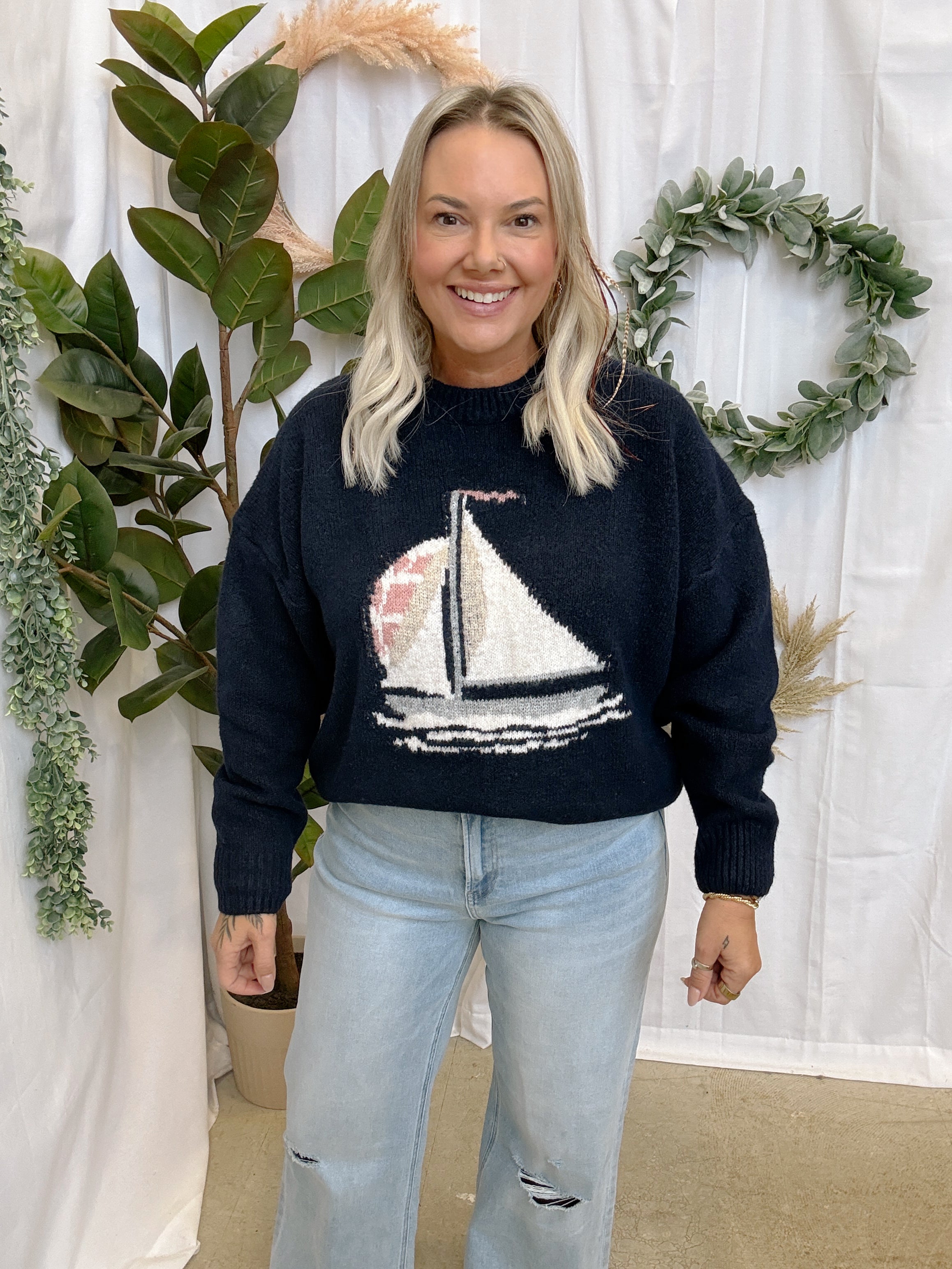 Navy Sailboat Knit Sweater-Sweaters-wishlist-The Silo Boutique, Women's Fashion Boutique Located in Warren and Grand Forks North Dakota