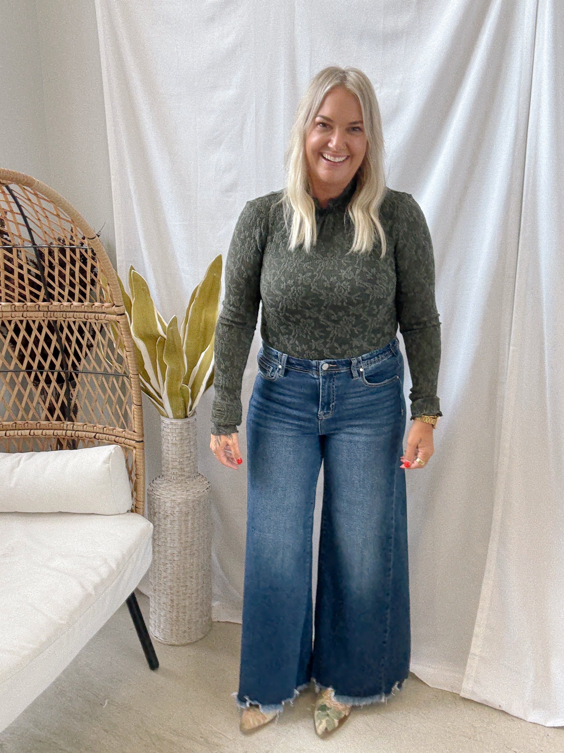 Deep Green Lettuce Edge Top-Long Sleeve Tops-hem and thread-The Silo Boutique, Women's Fashion Boutique Located in Warren and Grand Forks North Dakota