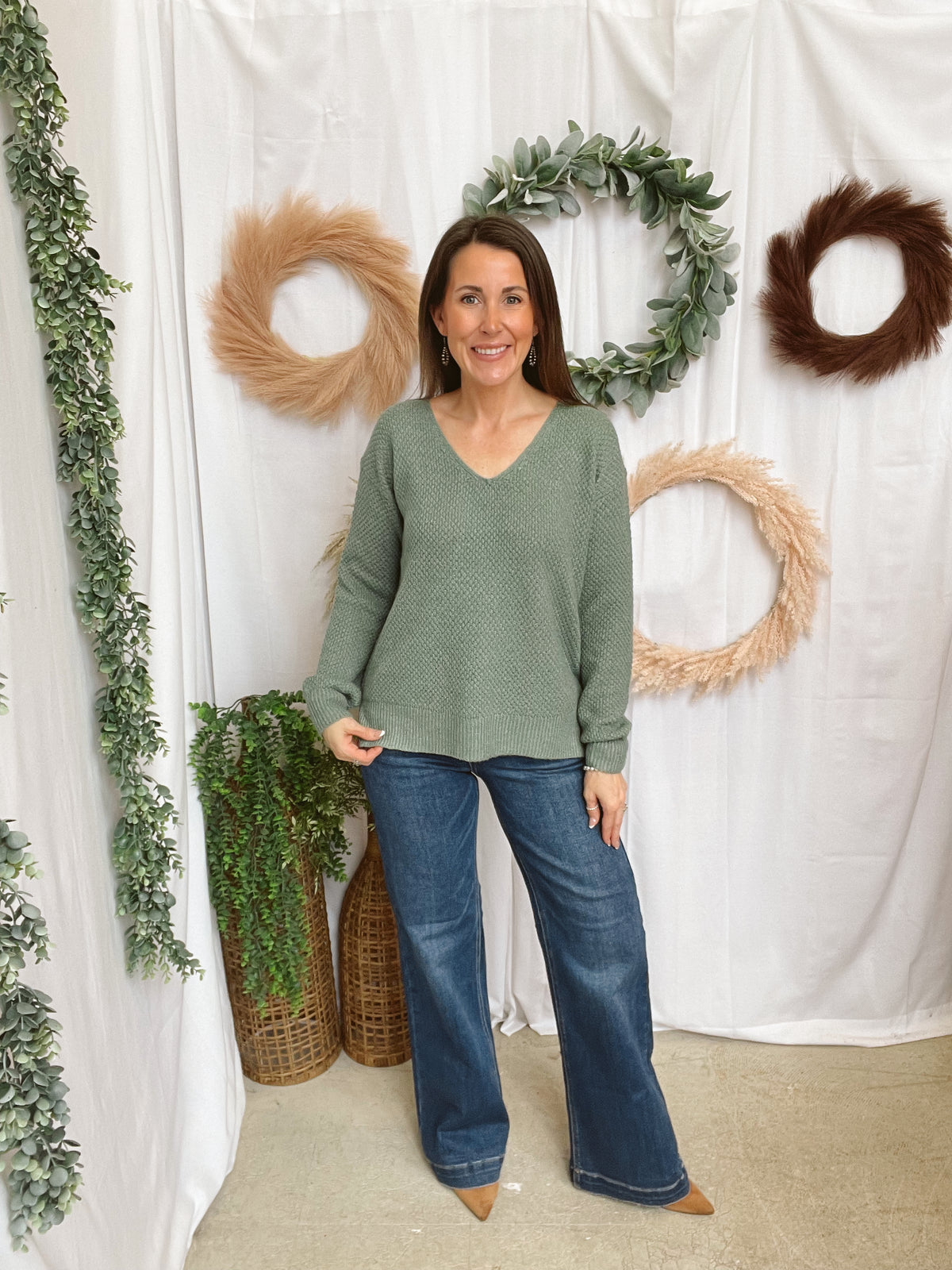 Tanya Textured V Neck Sweater-Sage-Long Sleeve Tops-staccato-The Silo Boutique, Women's Fashion Boutique Located in Warren and Grand Forks North Dakota