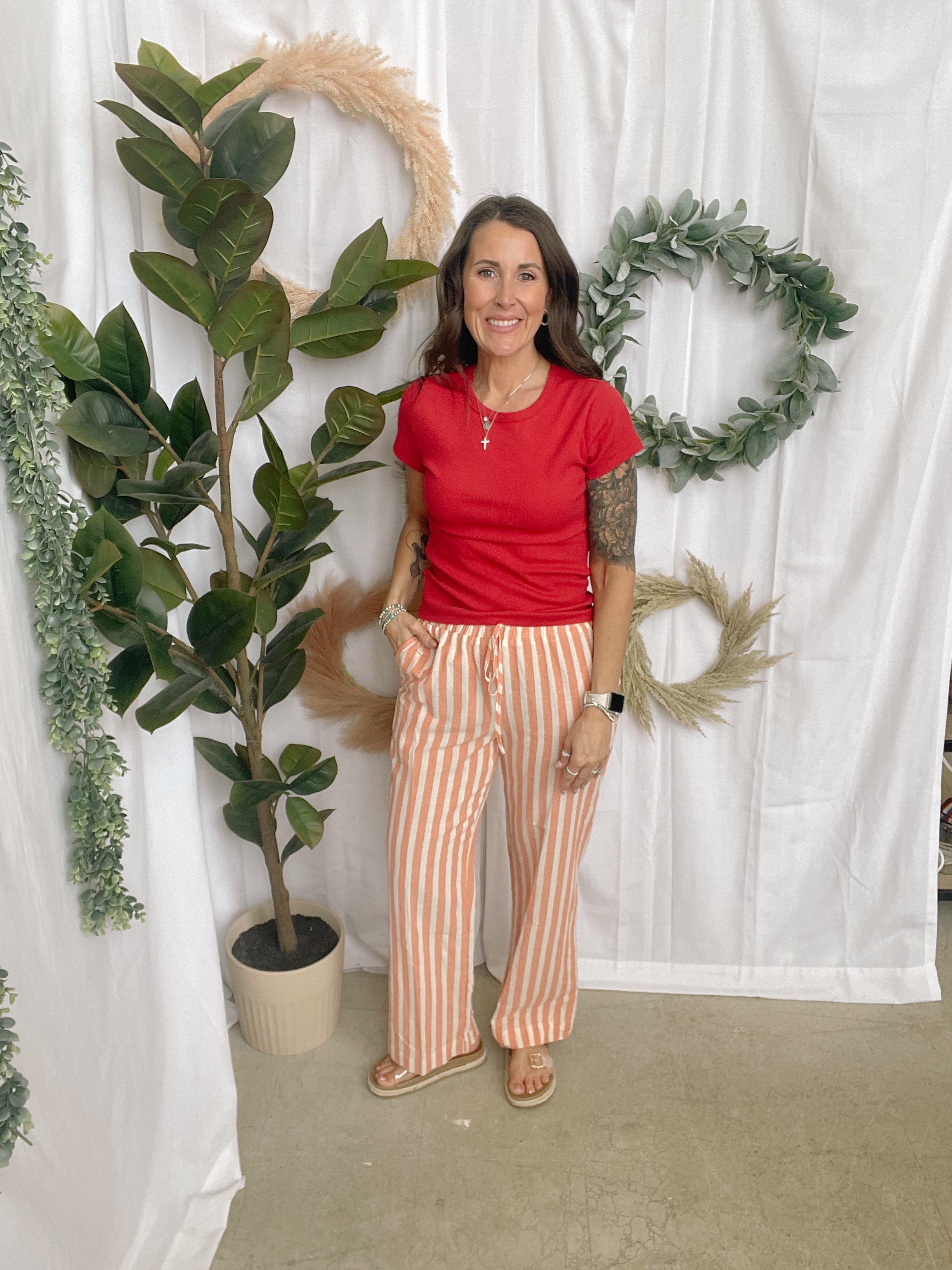 Coral Striped Wide Leg Pants-Final sale-Pants-cozy co-The Silo Boutique, Women's Fashion Boutique Located in Warren and Grand Forks North Dakota