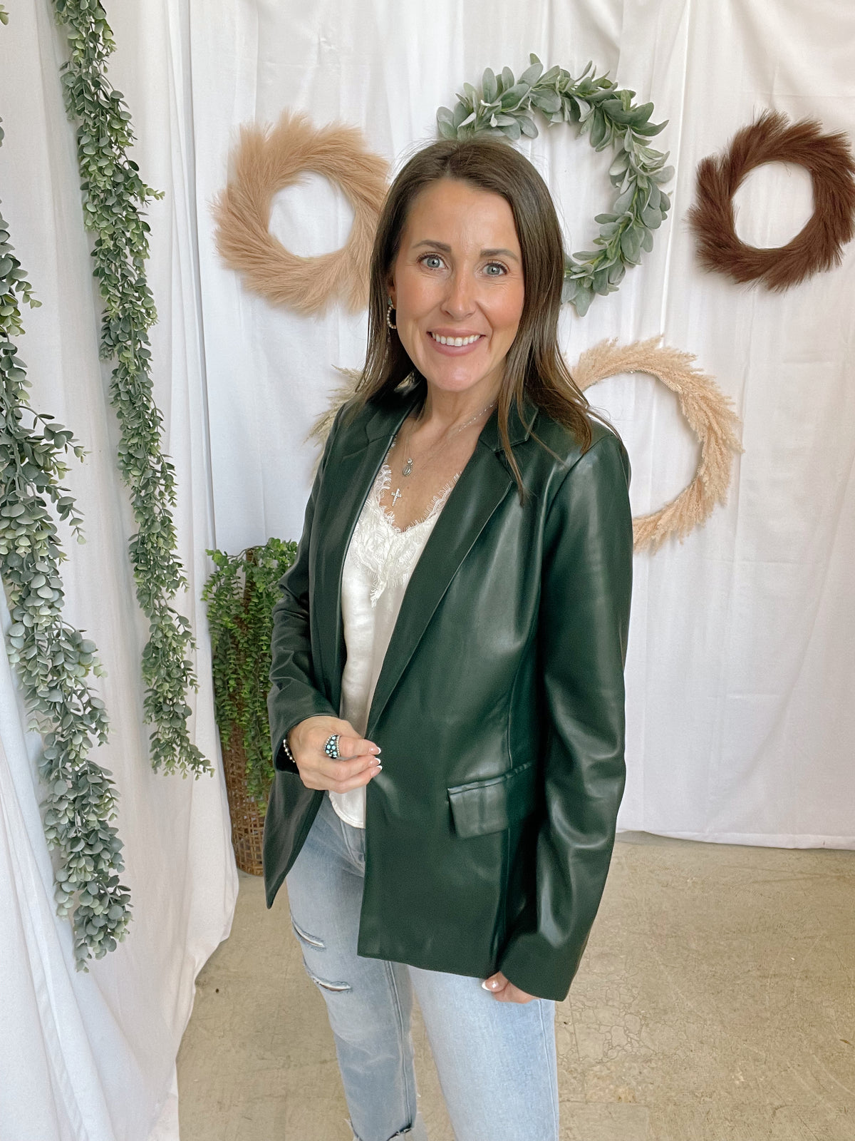 Skies Leather Blazer-Hunter Green-Blazers-skies are blue-The Silo Boutique, Women's Fashion Boutique Located in Warren and Grand Forks North Dakota