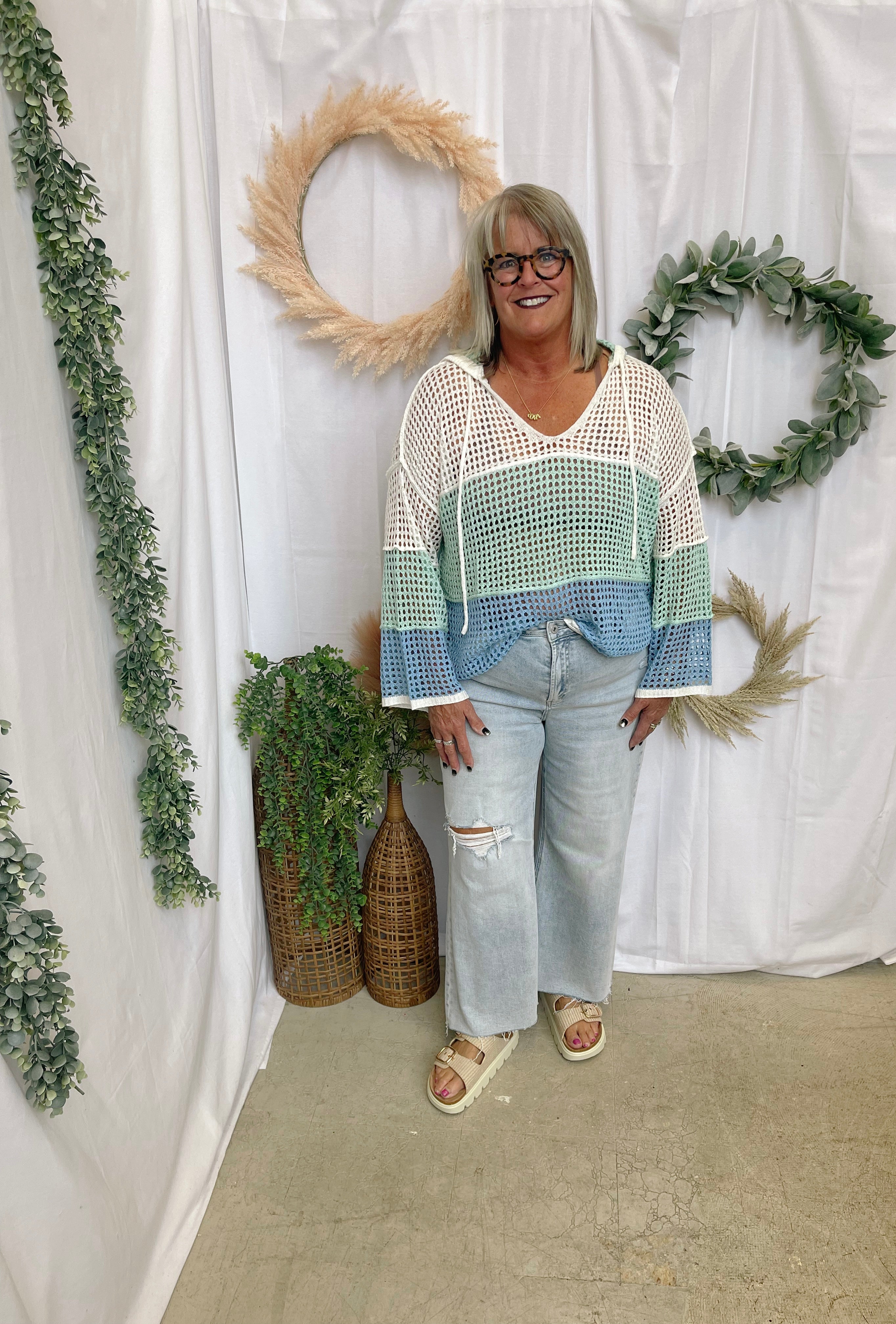 Seaglass Hooded Open Knit Sweater-Sweaters-cozy co-The Silo Boutique, Women's Fashion Boutique Located in Warren and Grand Forks North Dakota