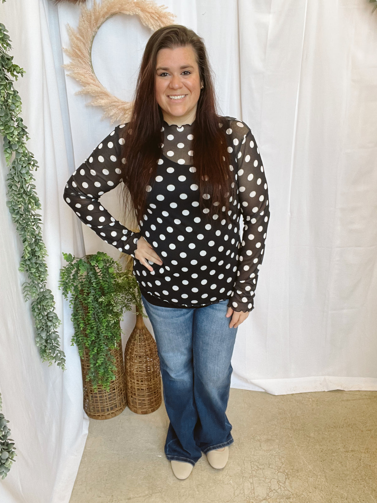 Polka Dot Mesh Top-Black-Sweaters-very j-The Silo Boutique, Women's Fashion Boutique Located in Warren and Grand Forks North Dakota