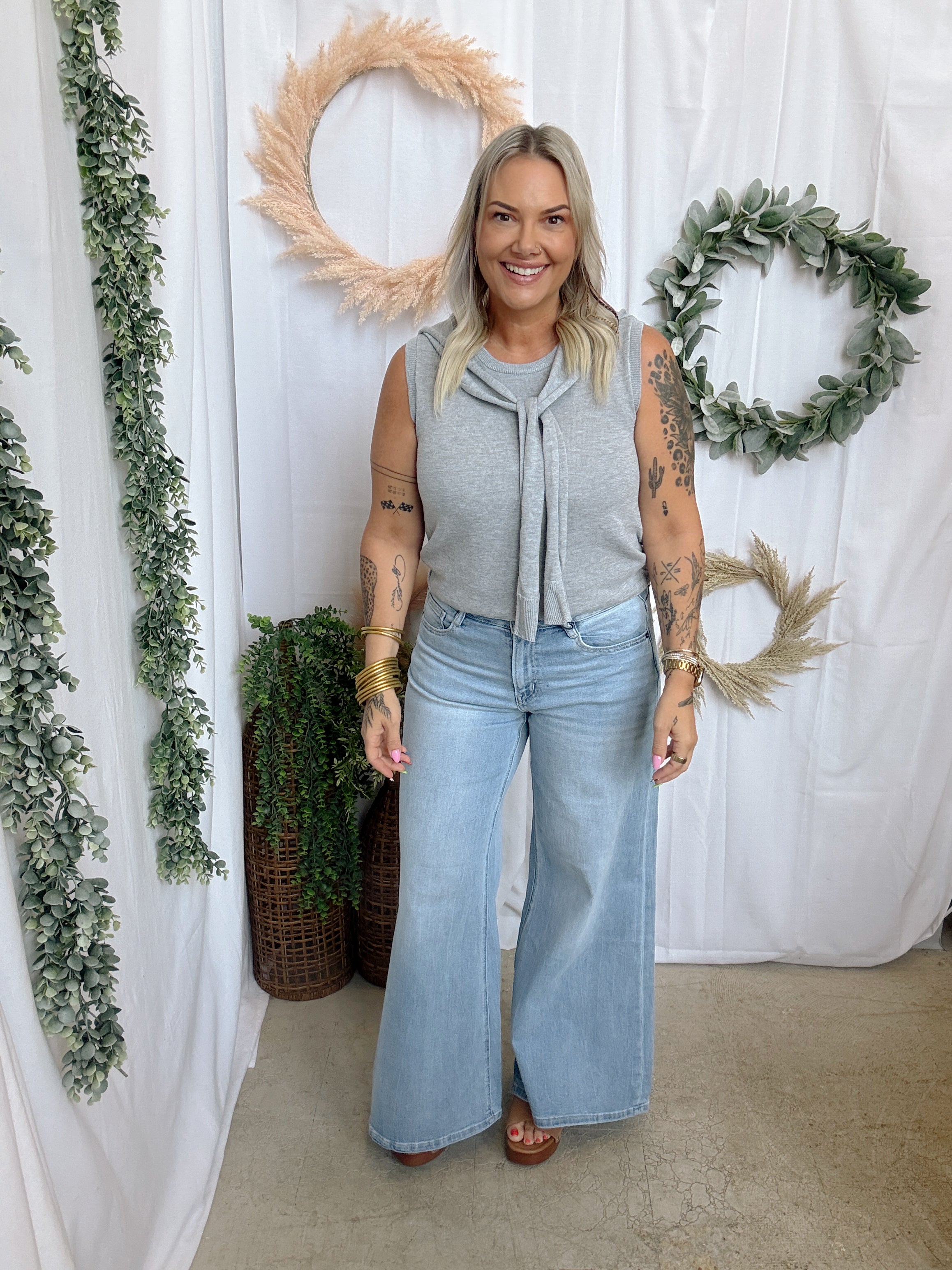 Kelly Tie Tank Sweater Top-Grey-Tank Tops-ENTRO-The Silo Boutique, Women's Fashion Boutique Located in Warren and Grand Forks North Dakota