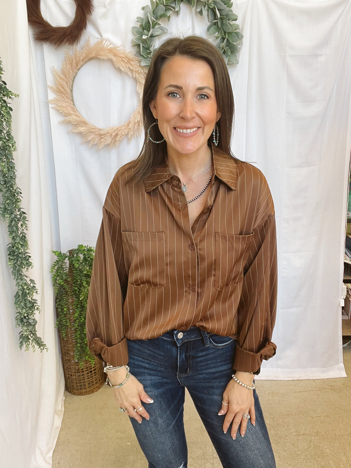 Nicole Button Down Top-Brown-Long Sleeve Tops-hyfve-The Silo Boutique, Women's Fashion Boutique Located in Warren and Grand Forks North Dakota