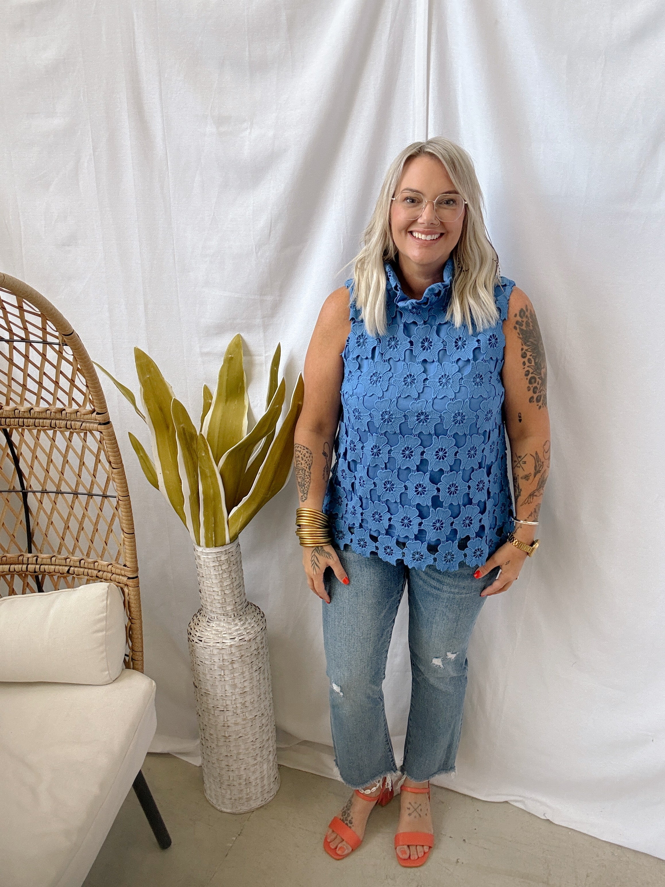 High Neck Lace Sleeveless Tank Top-Blue-Tank Tops-Umgee-The Silo Boutique, Women's Fashion Boutique Located in Warren and Grand Forks North Dakota