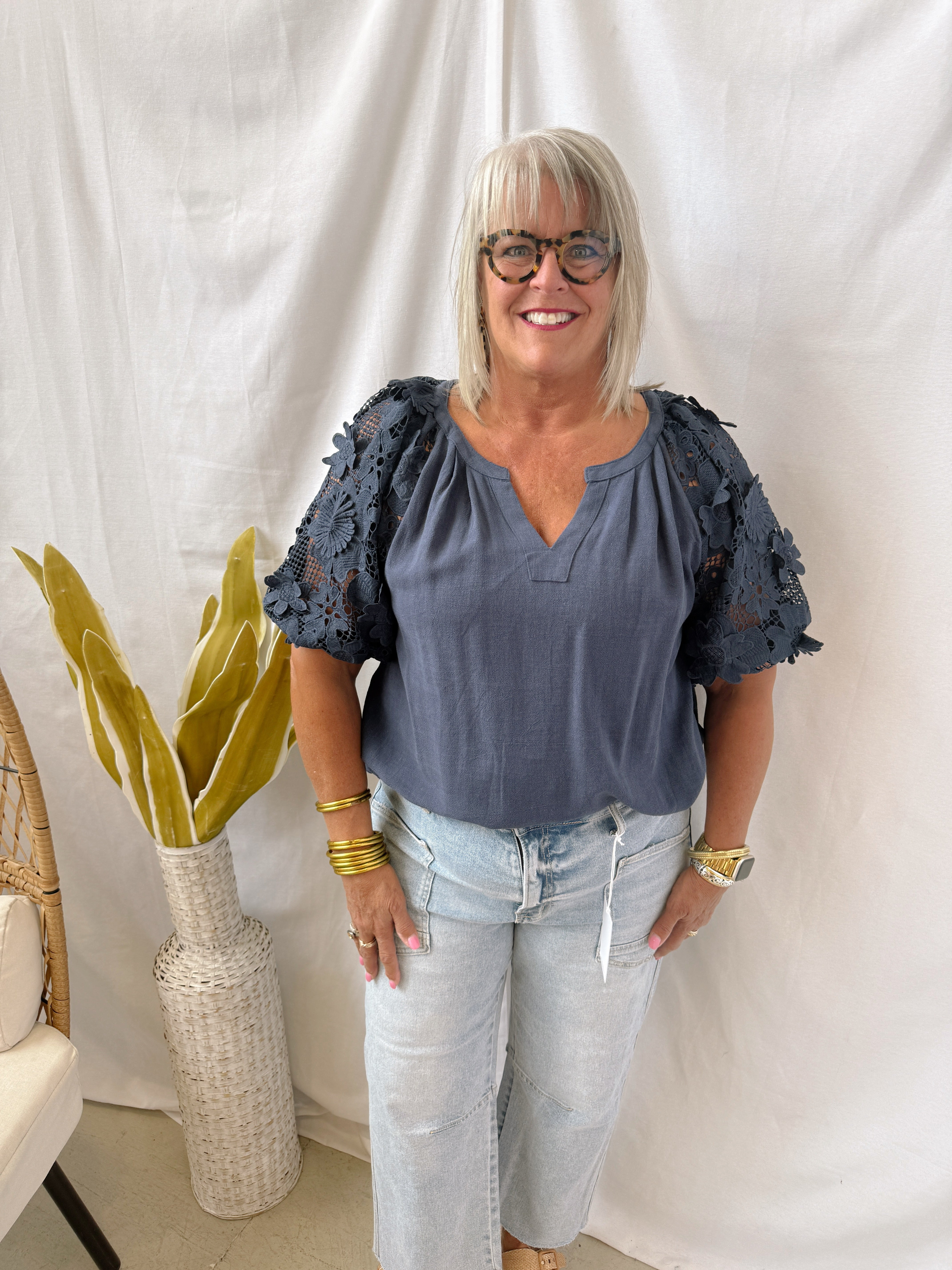 Linen and Lace Top-Navy-Final Sale-Short Sleeve Tops-Umgee-The Silo Boutique, Women's Fashion Boutique Located in Warren and Grand Forks North Dakota