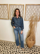 Elan Emily Rhinestone Top-Denim-Long Sleeve Tops-elan-The Silo Boutique, Women's Fashion Boutique Located in Warren and Grand Forks North Dakota