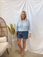 Chambray Crochet Pullover Top-Sweaters-stacatto-The Silo Boutique, Women's Fashion Boutique Located in Warren and Grand Forks North Dakota