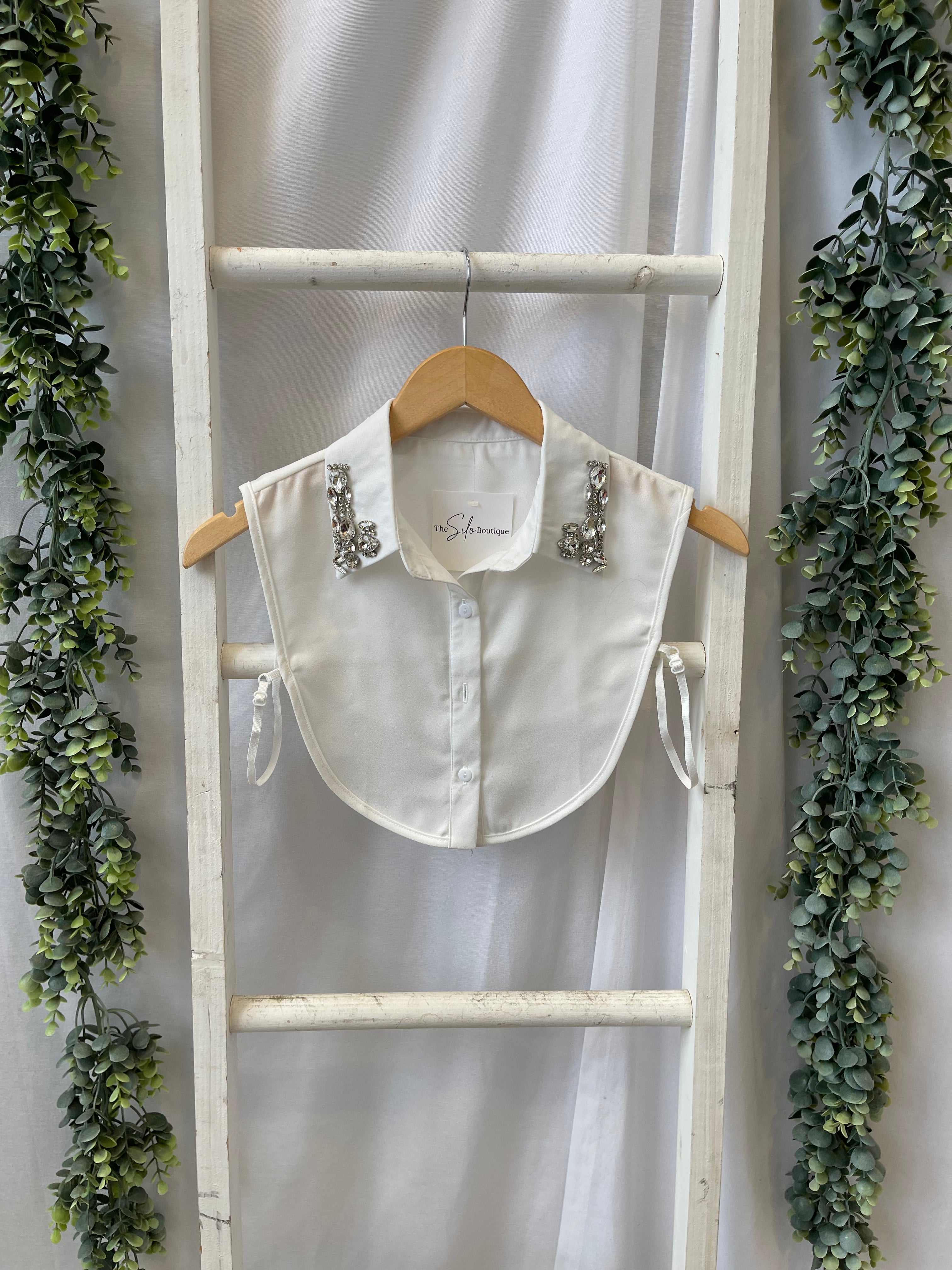 Corporate Collar-White Jewels-Final Sale-Short Sleeve Tops-Summer Tees-The Silo Boutique, Women's Fashion Boutique Located in Warren and Grand Forks North Dakota