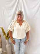 Linen and Lace Top-Oatmeal-Short Sleeve Tops-Umgee-The Silo Boutique, Women's Fashion Boutique Located in Warren and Grand Forks North Dakota