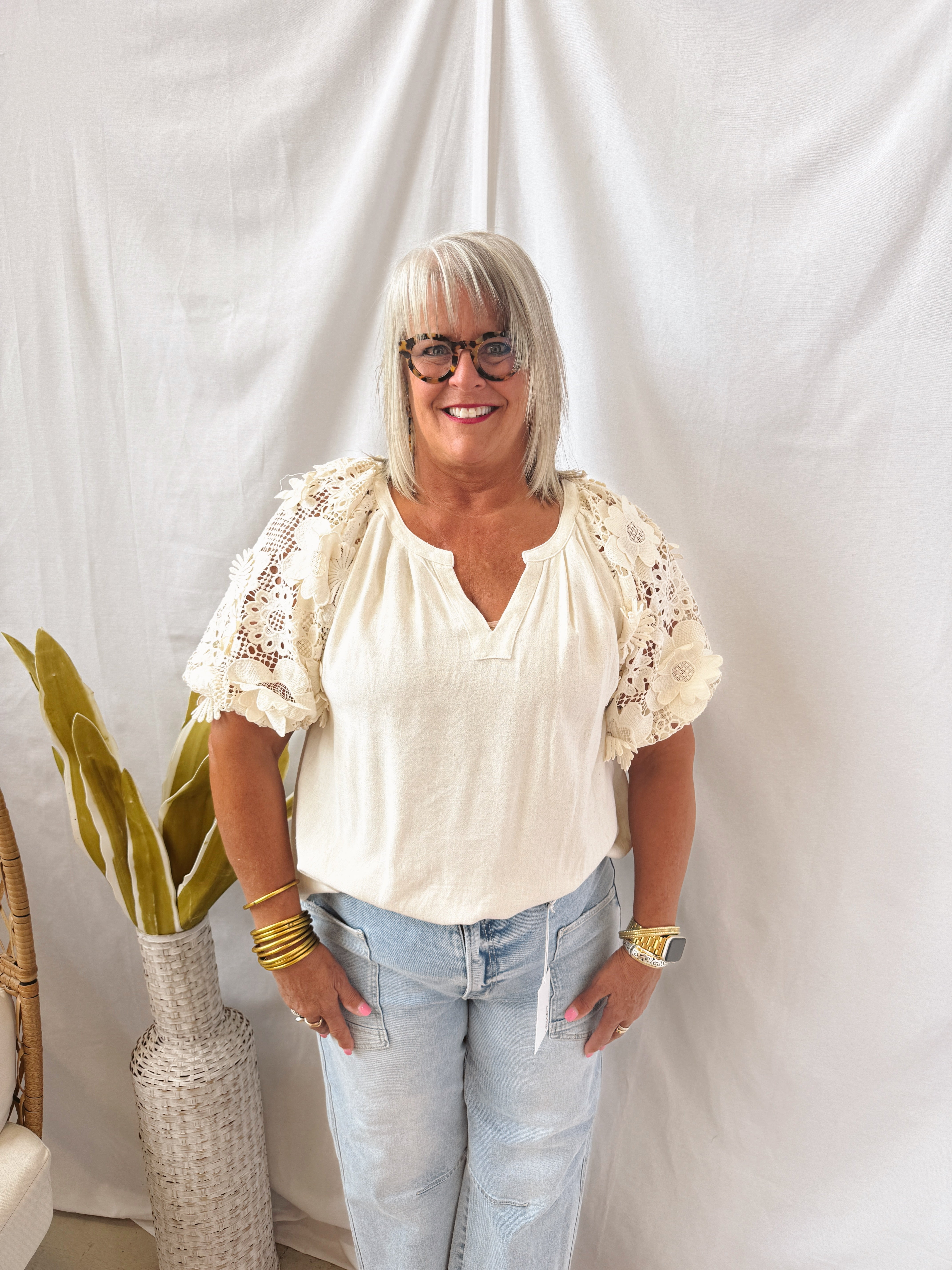 Linen and Lace Top-Oatmeal-Short Sleeve Tops-Umgee-The Silo Boutique, Women's Fashion Boutique Located in Warren and Grand Forks North Dakota