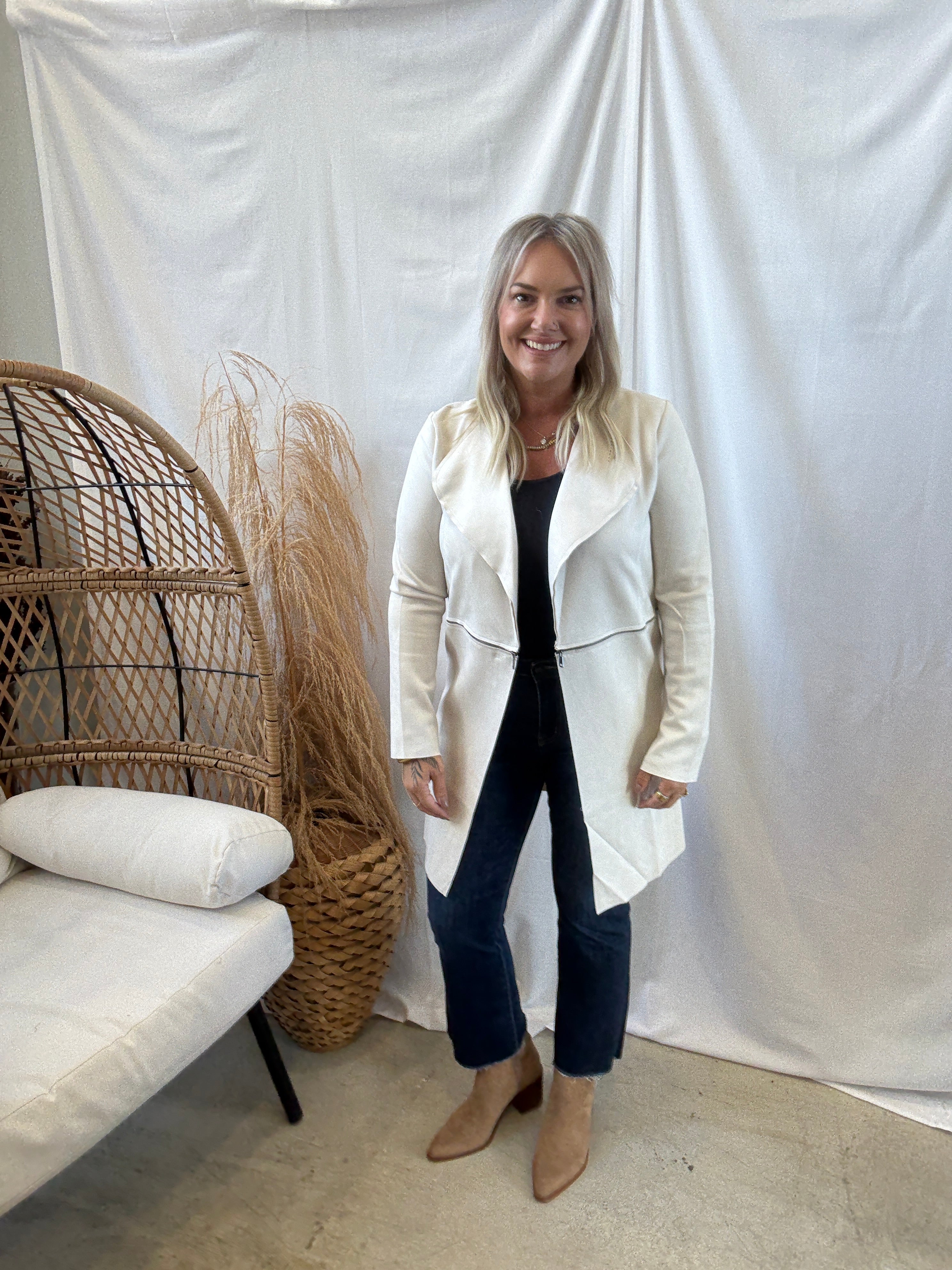 Long Sleeve Suede Jacket-Ecru-Final Sale-Coats & Jackets-active basics-The Silo Boutique, Women's Fashion Boutique Located in Warren and Grand Forks North Dakota