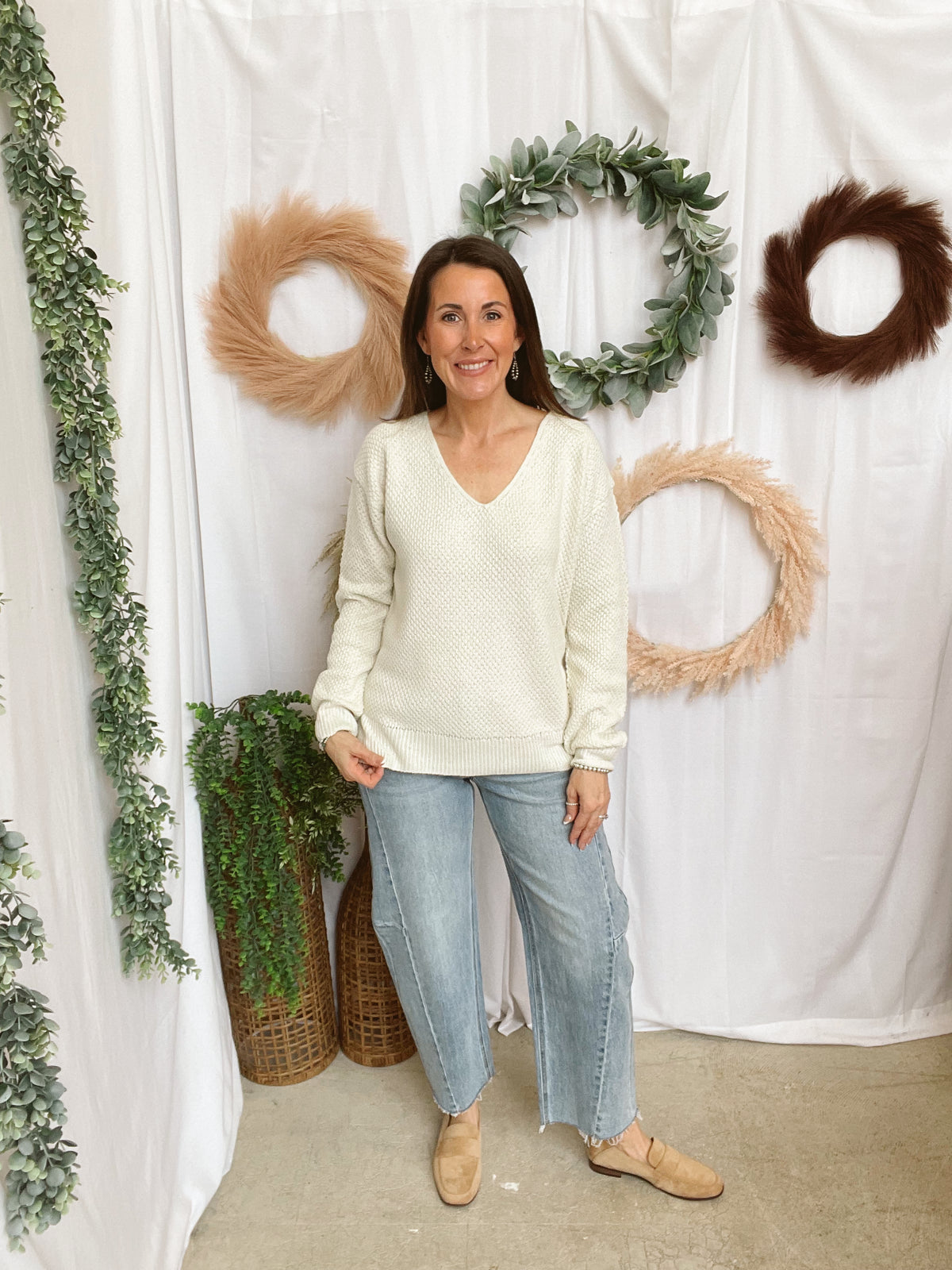 Tanya Textured V Neck Sweater-Ivory-Long Sleeve Tops-staccato-The Silo Boutique, Women's Fashion Boutique Located in Warren and Grand Forks North Dakota