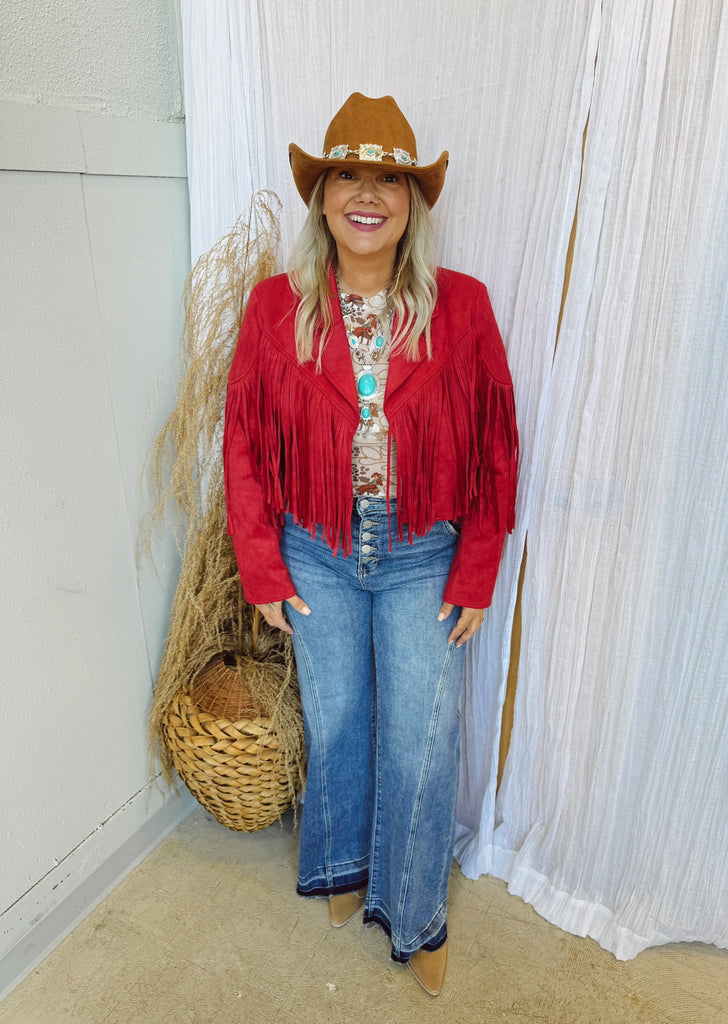 Red Suede Fringe Jacket-Coats & Jackets-saints and hearts-The Silo Boutique, Women's Fashion Boutique Located in Warren and Grand Forks North Dakota