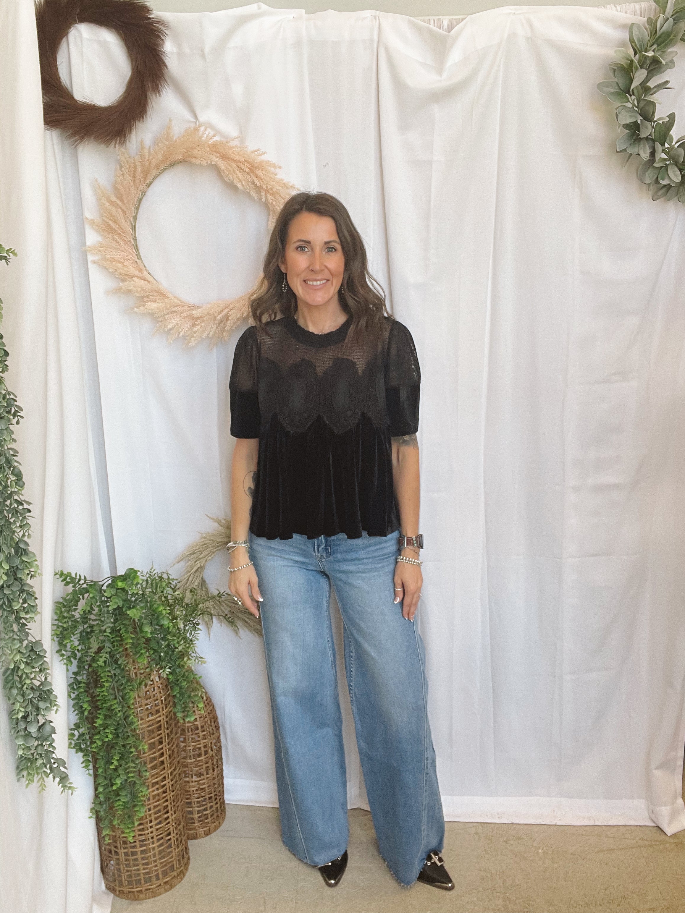 Velvet Scallop Top-Black-Short Sleeve Tops-hem and thread-The Silo Boutique, Women's Fashion Boutique Located in Warren and Grand Forks North Dakota