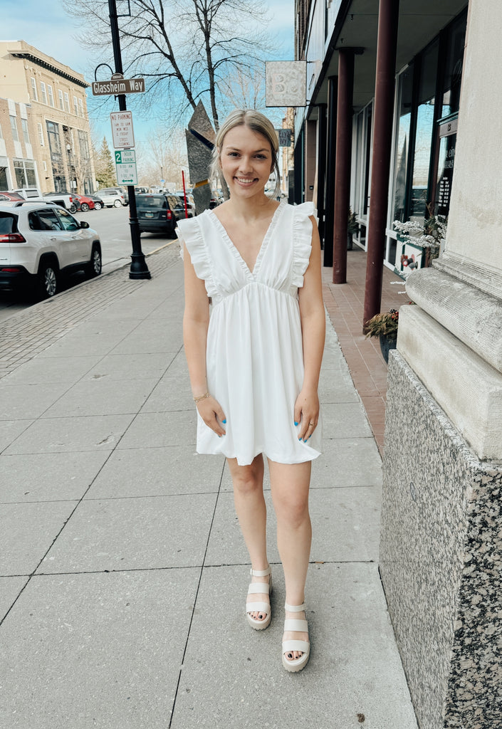 White V Neck Simple Ruffle Dress-Dresses-storia-The Silo Boutique, Women's Fashion Boutique Located in Warren and Grand Forks North Dakota