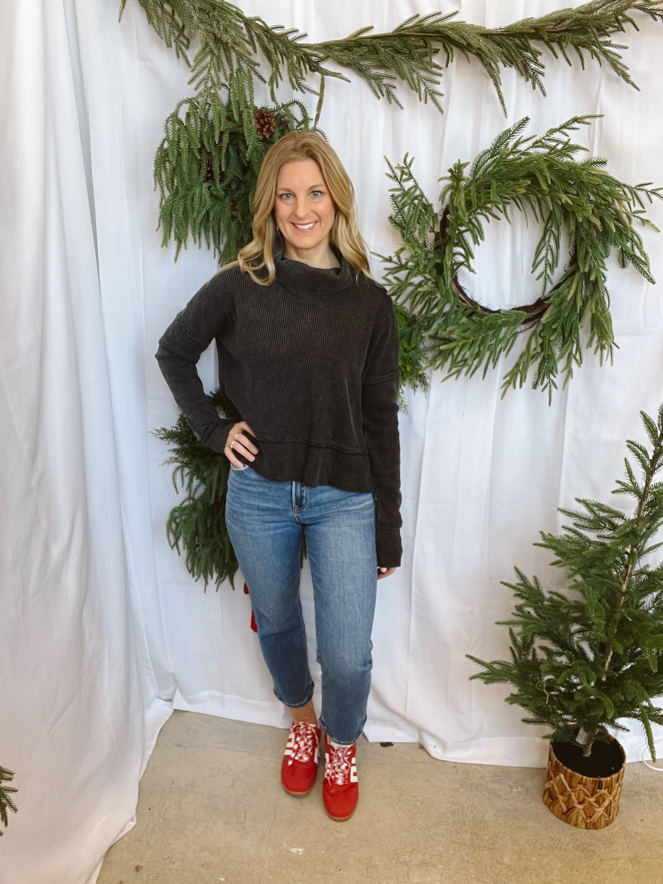 Dani Waffle Black Knit Mock Top-Long Sleeve Tops-davi-The Silo Boutique, Women's Fashion Boutique Located in Warren and Grand Forks North Dakota