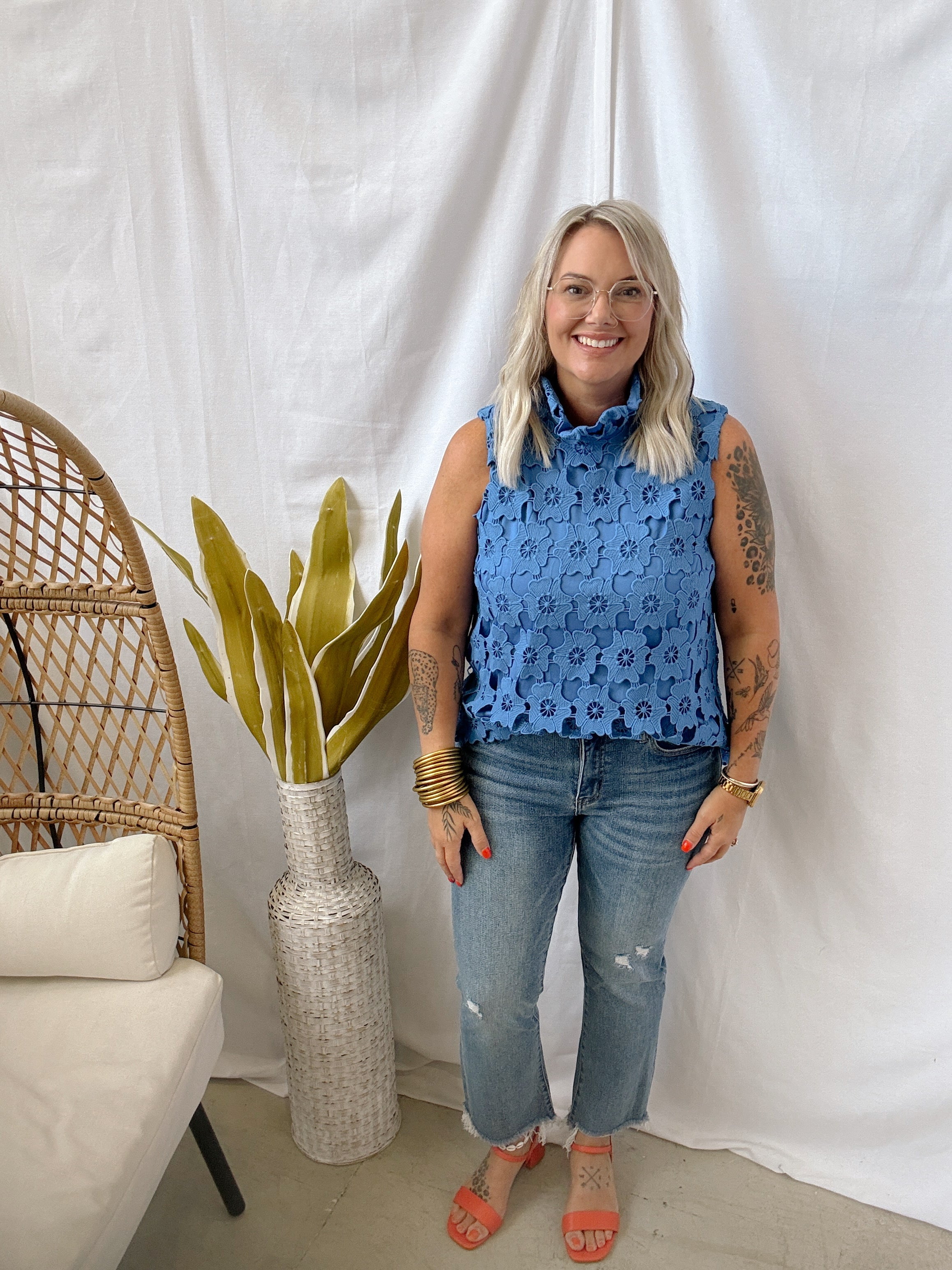 High Neck Lace Sleeveless Tank Top-Blue-Tank Tops-Umgee-The Silo Boutique, Women's Fashion Boutique Located in Warren and Grand Forks North Dakota