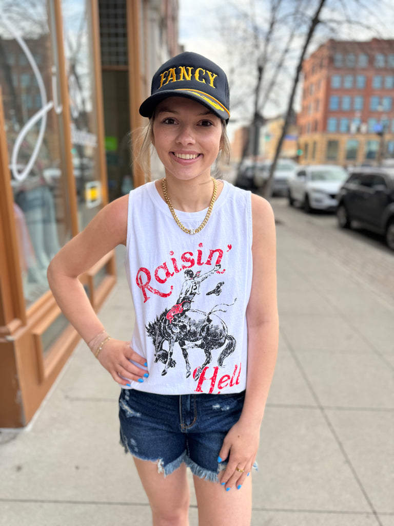 Raisin’ Hell White Tank Top-Tank Tops-destash-The Silo Boutique, Women's Fashion Boutique Located in Warren and Grand Forks North Dakota
