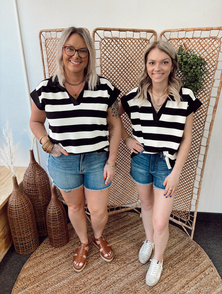 Black Striped Collared Short Sleeve Top-Short Sleeve Top-ENTRO-The Silo Boutique, Women's Fashion Boutique Located in Warren and Grand Forks North Dakota