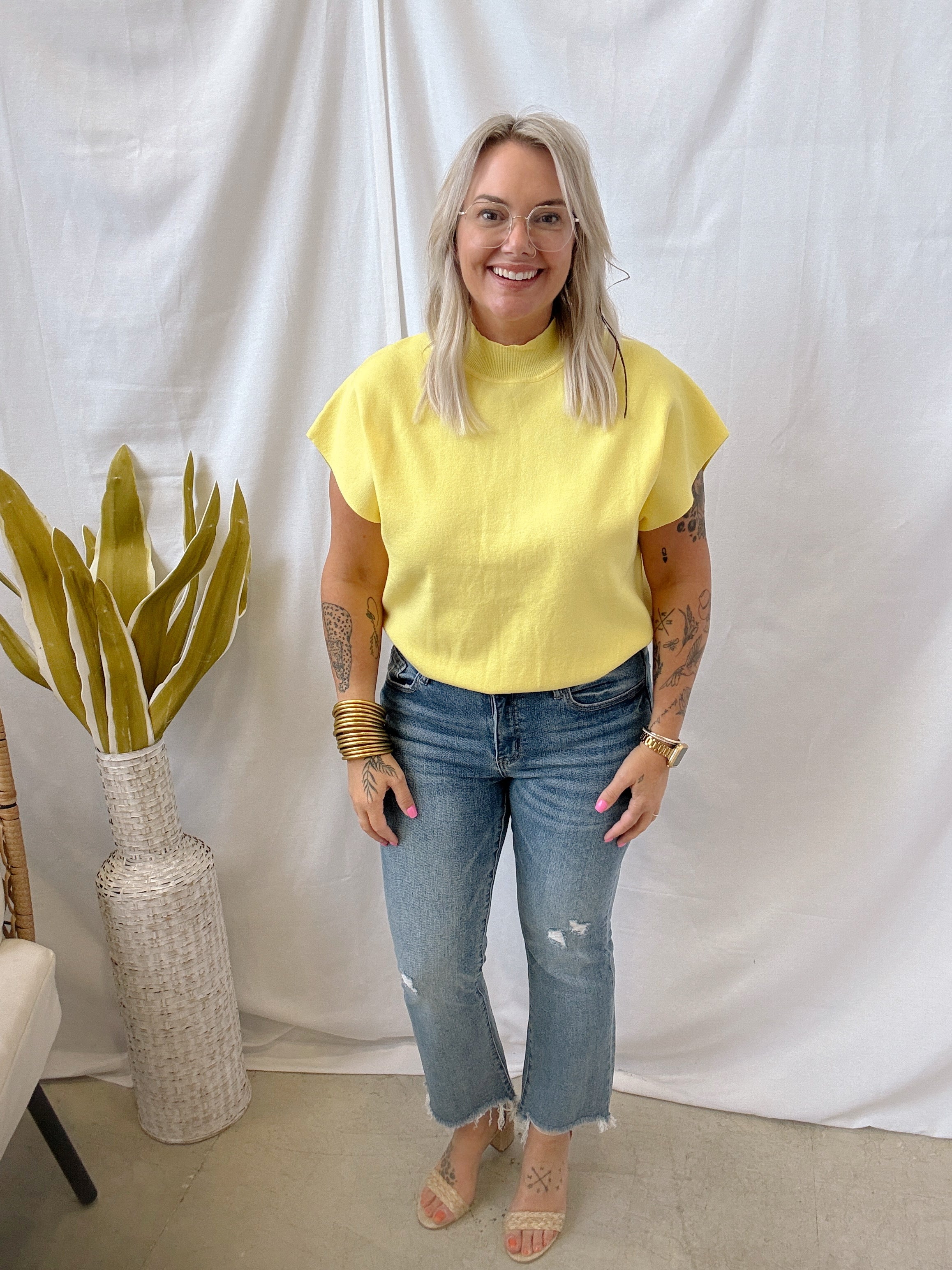 Yellow Mock Short Sleeve Sweater Top-Short Sleeve Tops-eesome-The Silo Boutique, Women's Fashion Boutique Located in Warren and Grand Forks North Dakota