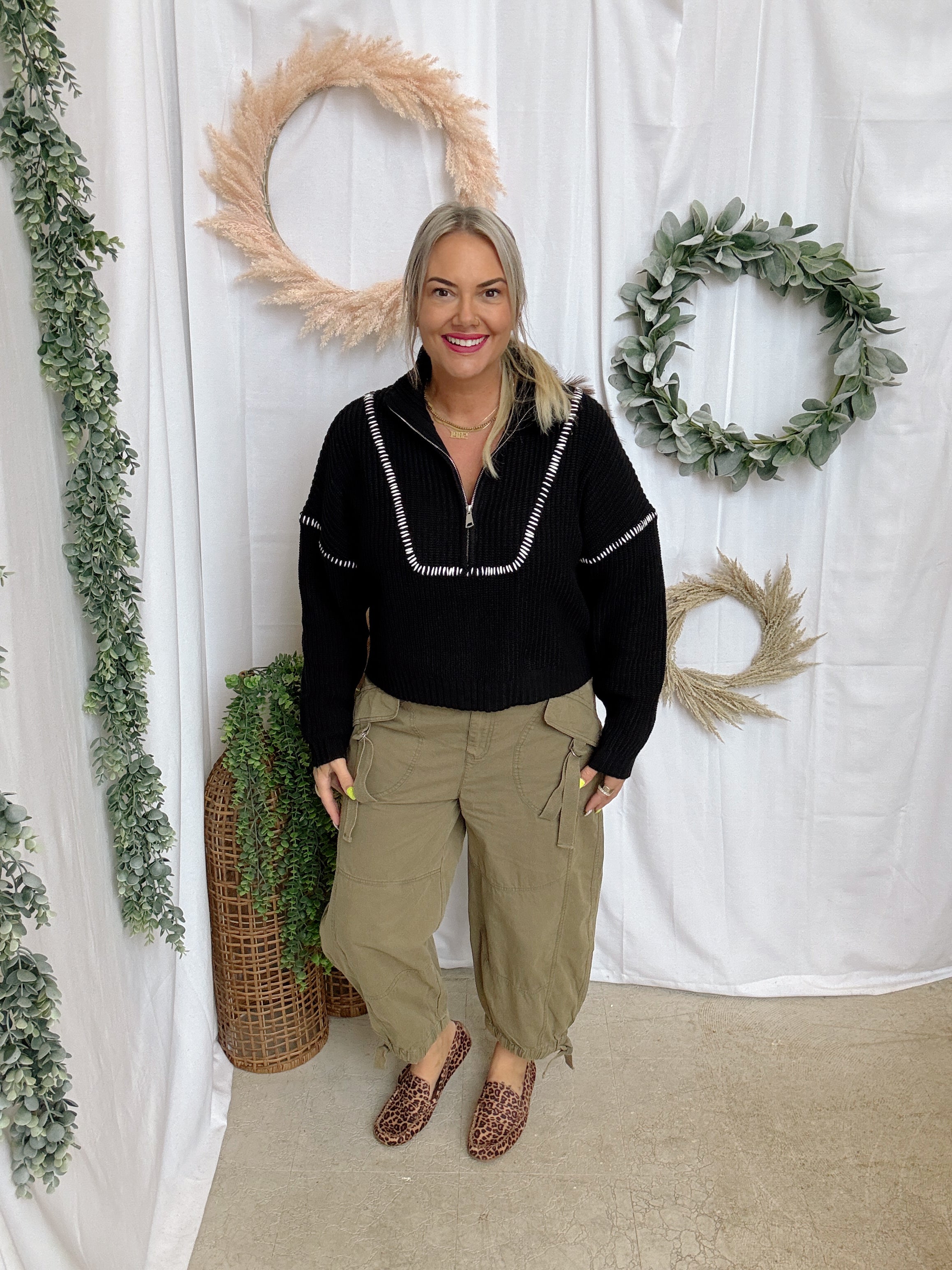 Elan Sadie Quarter Zip Sweater-Black-Sweaters-elan-The Silo Boutique, Women's Fashion Boutique Located in Warren and Grand Forks North Dakota