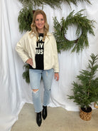 Cream Suede Bomber Jacket-Coats & Jackets-faire-The Silo Boutique, Women's Fashion Boutique Located in Warren and Grand Forks North Dakota