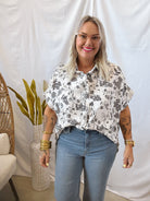 Black Floral Mix Button Down Top-Short Sleeve Tops-Umgee-The Silo Boutique, Women's Fashion Boutique Located in Warren and Grand Forks North Dakota