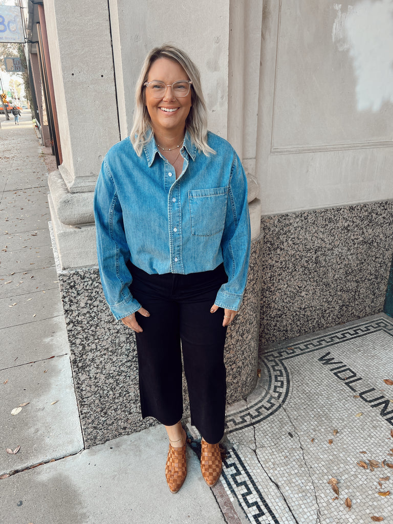 Washed Denim Button Up Shirt-Long Sleeves-miou muse-The Silo Boutique, Women's Fashion Boutique Located in Warren and Grand Forks North Dakota