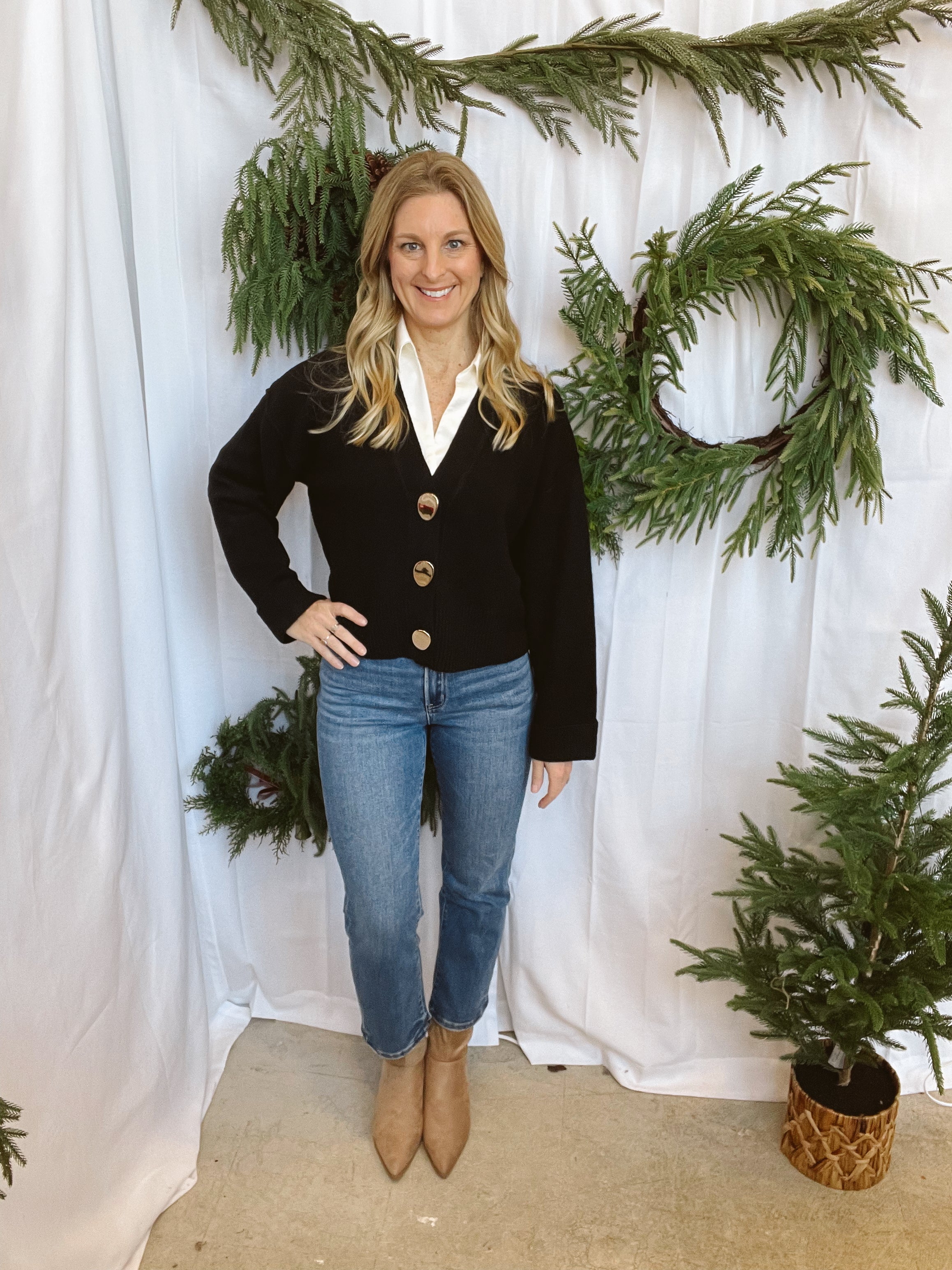 Gold Button Sweater Cardigan-Black-Final Sale-Cardigans-she and sky-The Silo Boutique, Women's Fashion Boutique Located in Warren and Grand Forks North Dakota