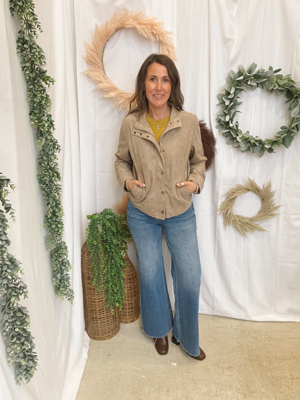 Be Cool Suede Classic Jacket-Sand-Cardigans-be cool-The Silo Boutique, Women's Fashion Boutique Located in Warren and Grand Forks North Dakota