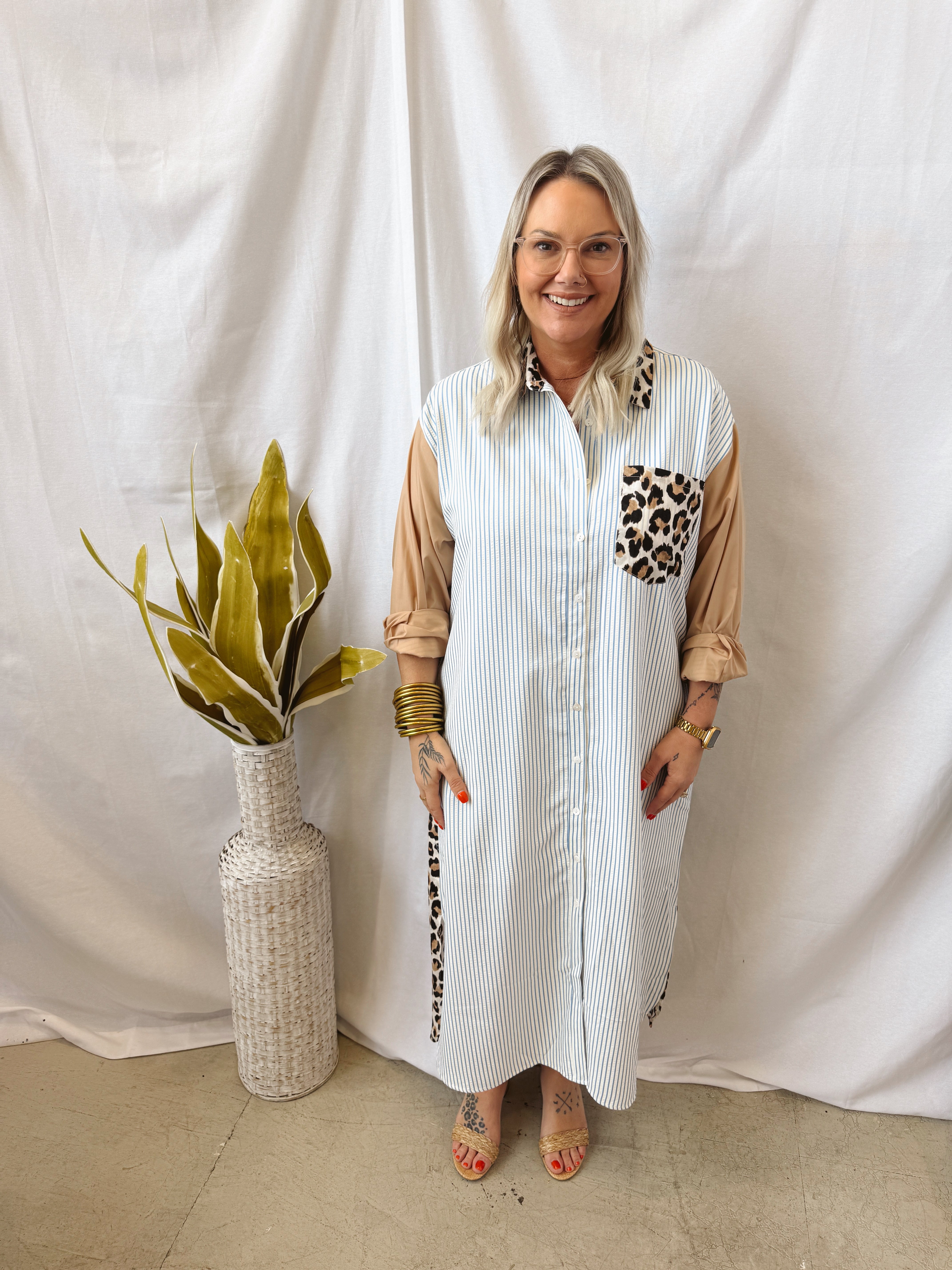 Ang Long Leopard and Striped Shirt Dress-Final Sale-Long Sleeve Tops-entro-The Silo Boutique, Women's Fashion Boutique Located in Warren and Grand Forks North Dakota