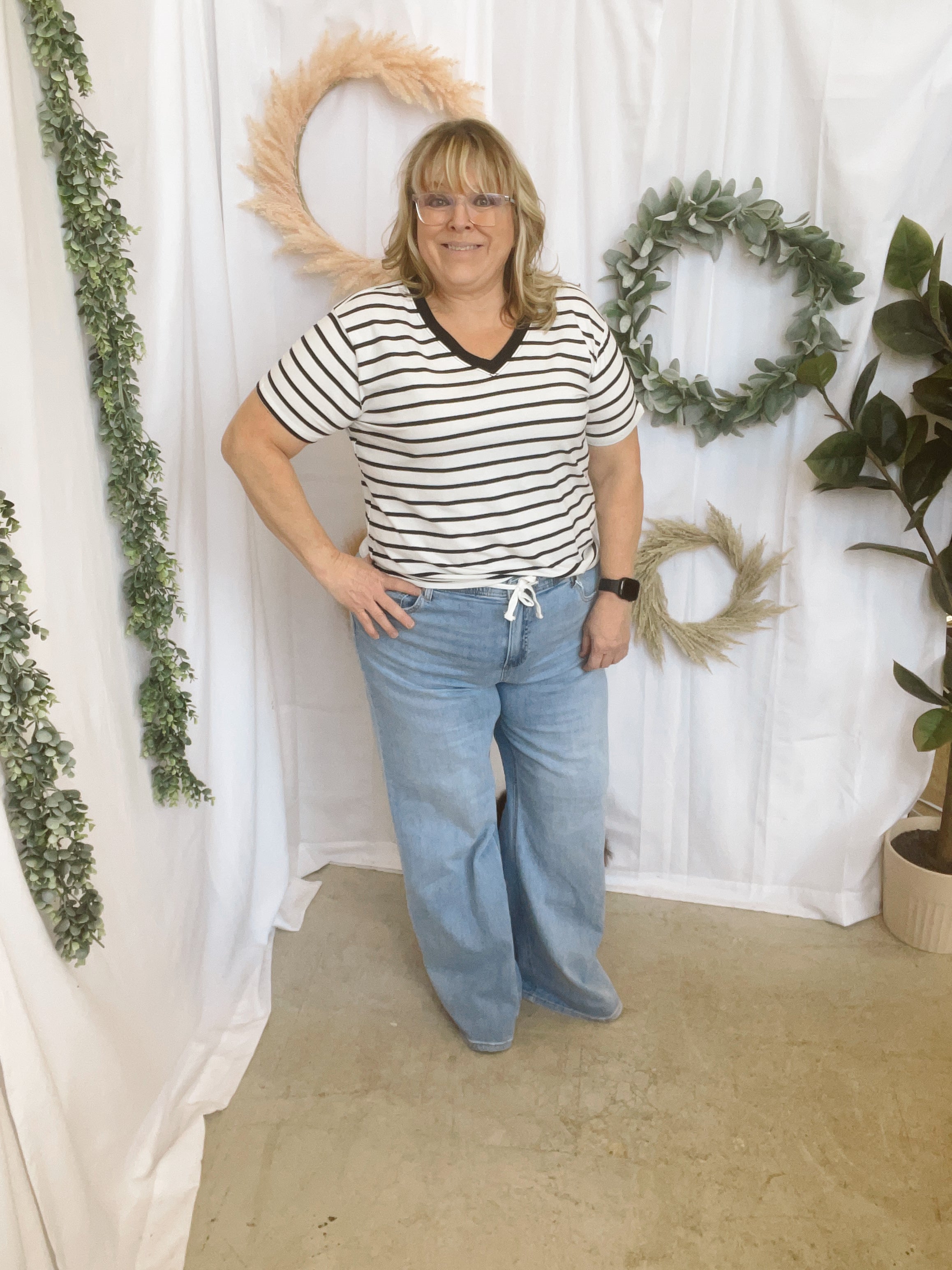 Izzy Striped V Neck Top-Black-Short Sleeve Tops-Zenana-The Silo Boutique, Women's Fashion Boutique Located in Warren and Grand Forks North Dakota