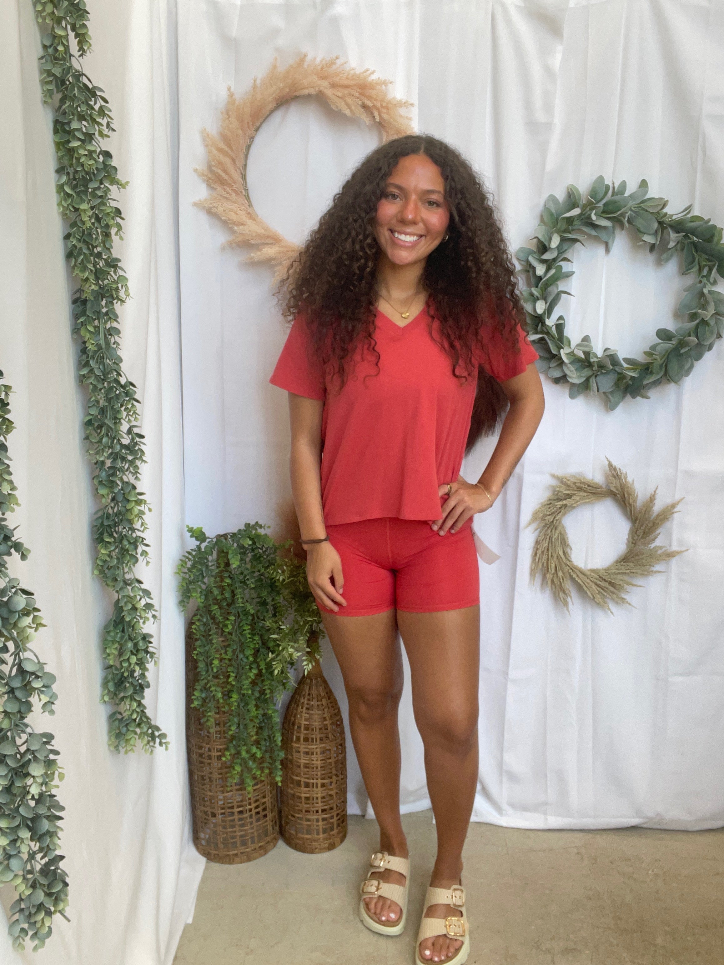 Mono B Pima V Neck Top-Red-Short Sleeve Tops-mono b-The Silo Boutique, Women's Fashion Boutique Located in Warren and Grand Forks North Dakota