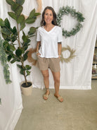 Stacey Solid Paper Bag Shorts-Taupe-Shorts-staccato-The Silo Boutique, Women's Fashion Boutique Located in Warren and Grand Forks North Dakota