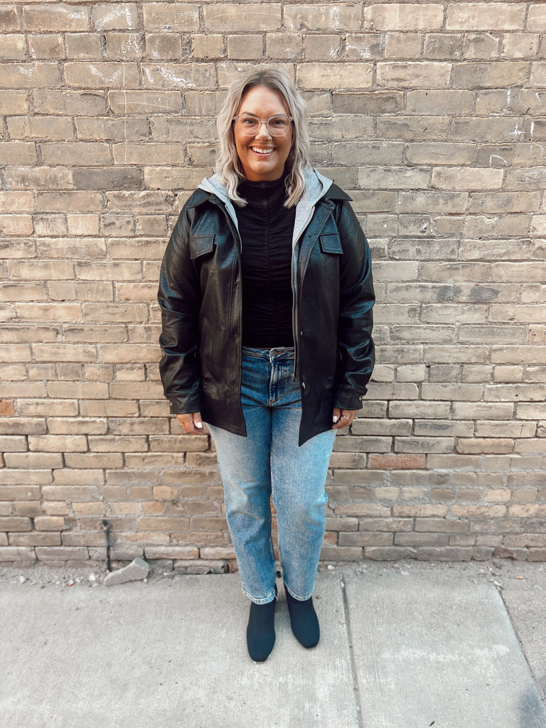 Twofer Hoodie Leather Jacket-jacket-mystree-The Silo Boutique, Women's Fashion Boutique Located in Warren and Grand Forks North Dakota