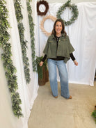 Leslie Denim Cape Jacket-Olive-Coats & Jackets-entro-The Silo Boutique, Women's Fashion Boutique Located in Warren and Grand Forks North Dakota