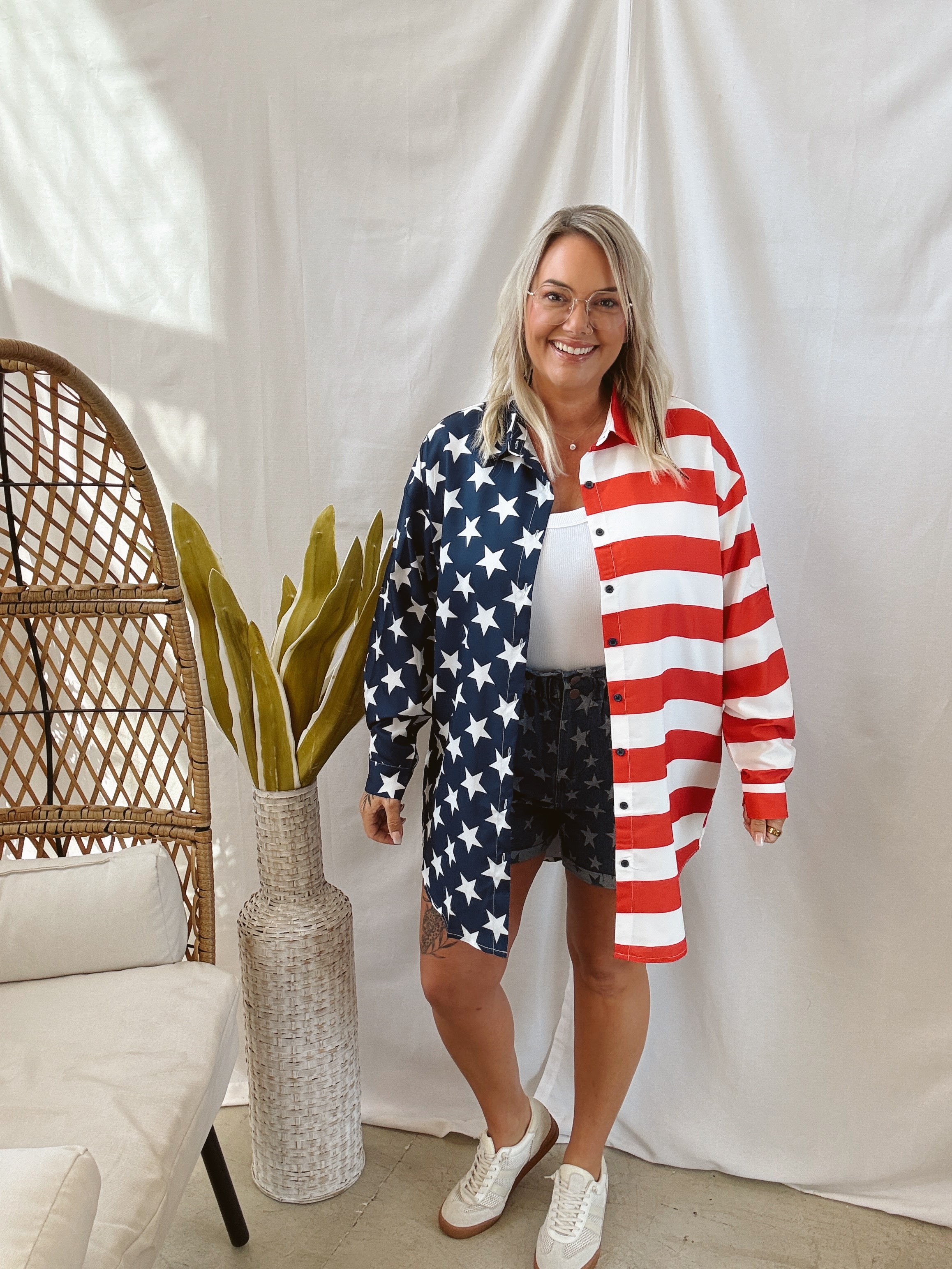 Flag Button Down Shirt-FINAL SALE-Long Sleeve Tops-timing-The Silo Boutique, Women's Fashion Boutique Located in Warren and Grand Forks North Dakota