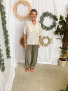 Natural Button Up Top-Short Sleeve Tops-hem and thread-The Silo Boutique, Women's Fashion Boutique Located in Warren and Grand Forks North Dakota
