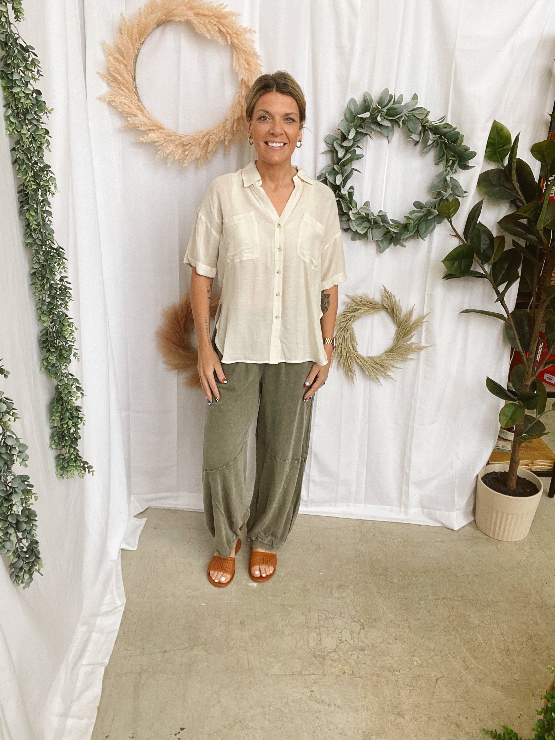 Natural Button Up Top-Short Sleeve Tops-hem and thread-The Silo Boutique, Women's Fashion Boutique Located in Warren and Grand Forks North Dakota