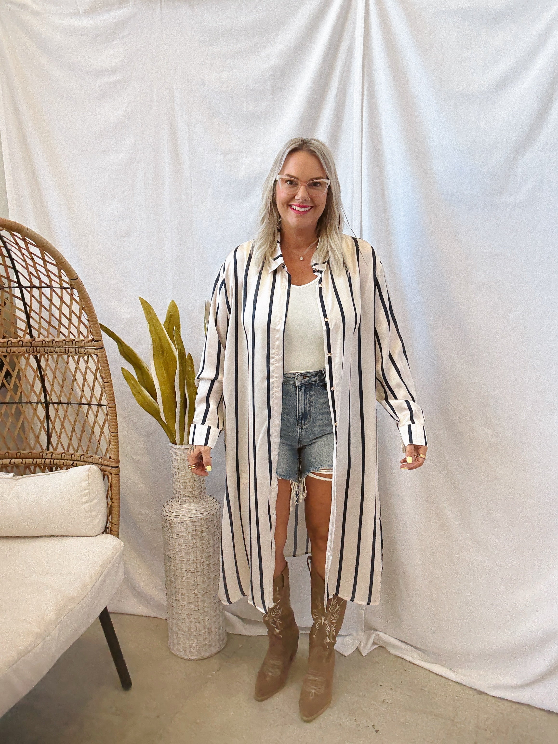 Striped Satin Shirt Dress-Navy-Dresses-Umgee-The Silo Boutique, Women's Fashion Boutique Located in Warren and Grand Forks North Dakota