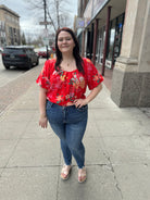 Coral Red Floral Top-Short Sleeve Tops-skies are blue-The Silo Boutique, Women's Fashion Boutique Located in Warren and Grand Forks North Dakota