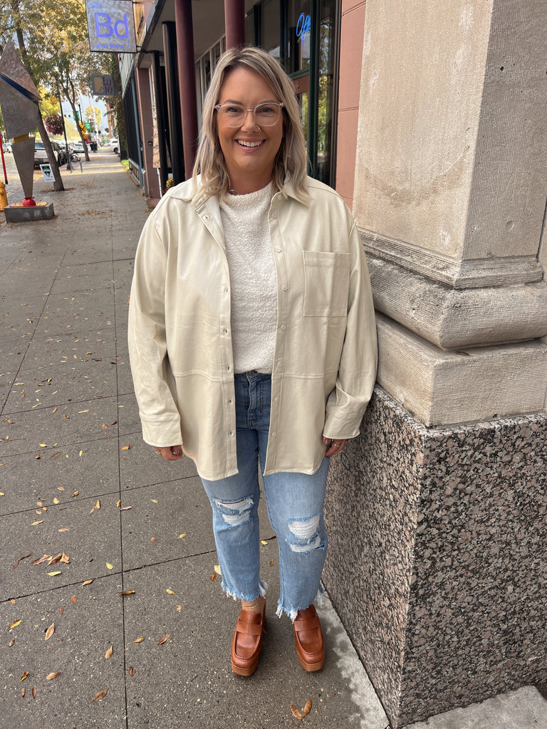 Ivory Leather Button Down Top-Long Sleeves-lumiere-The Silo Boutique, Women's Fashion Boutique Located in Warren and Grand Forks North Dakota