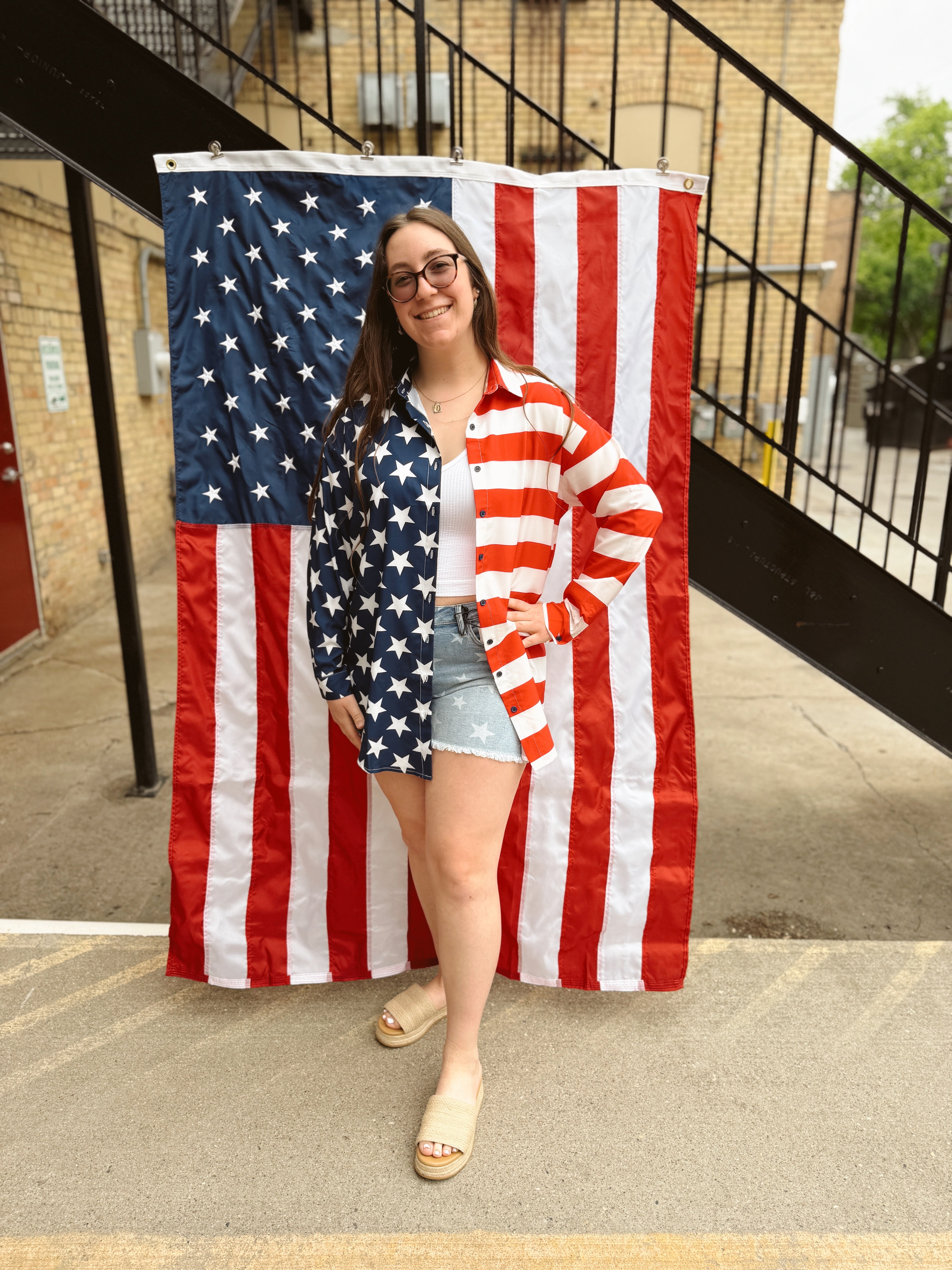 Flag Button Down Shirt-FINAL SALE-Long Sleeve Tops-timing-The Silo Boutique, Women's Fashion Boutique Located in Warren and Grand Forks North Dakota