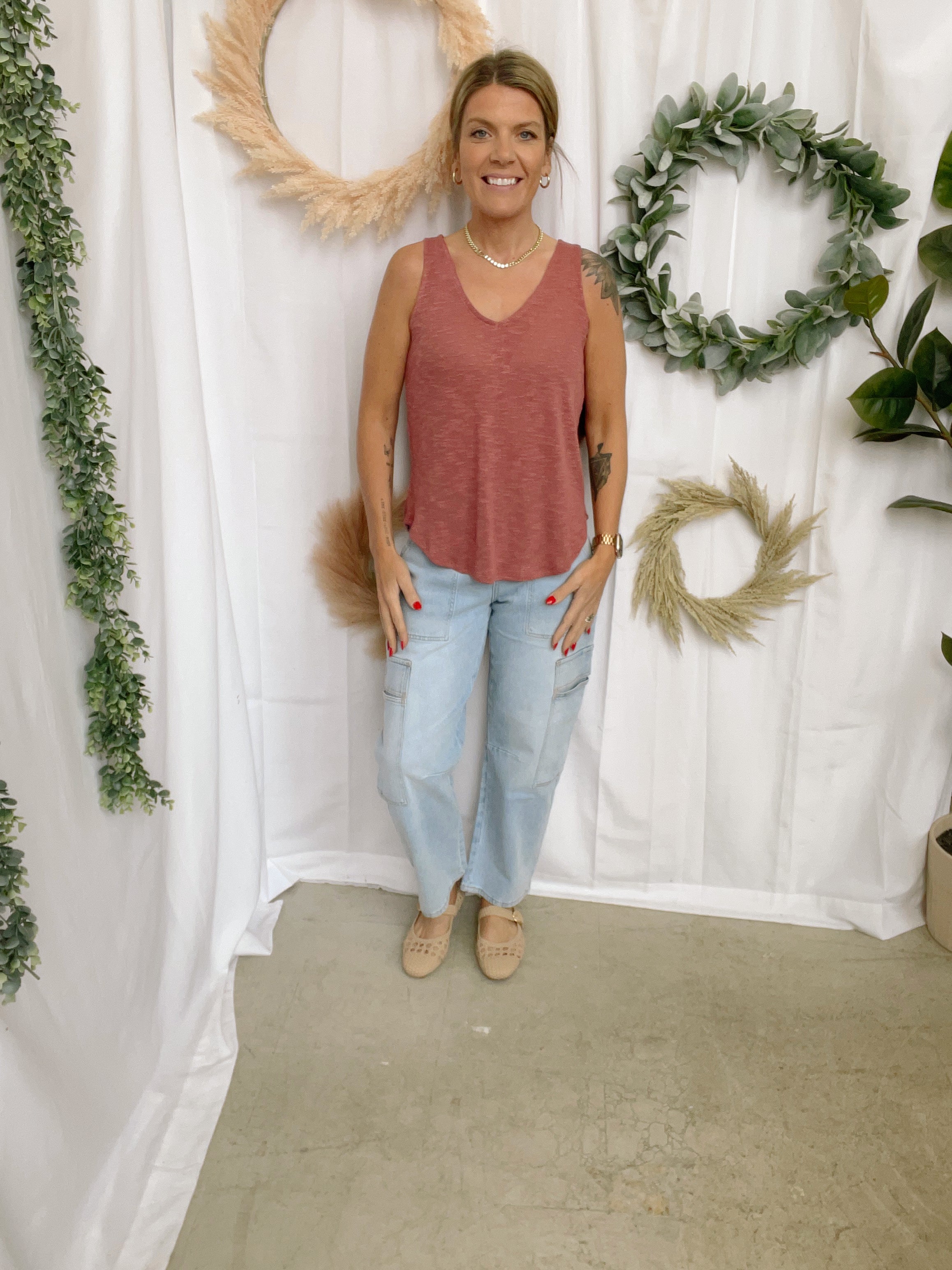 Mel V Neck Slub Tank Top-Rose-Tank Tops-Zenana-The Silo Boutique, Women's Fashion Boutique Located in Warren and Grand Forks North Dakota